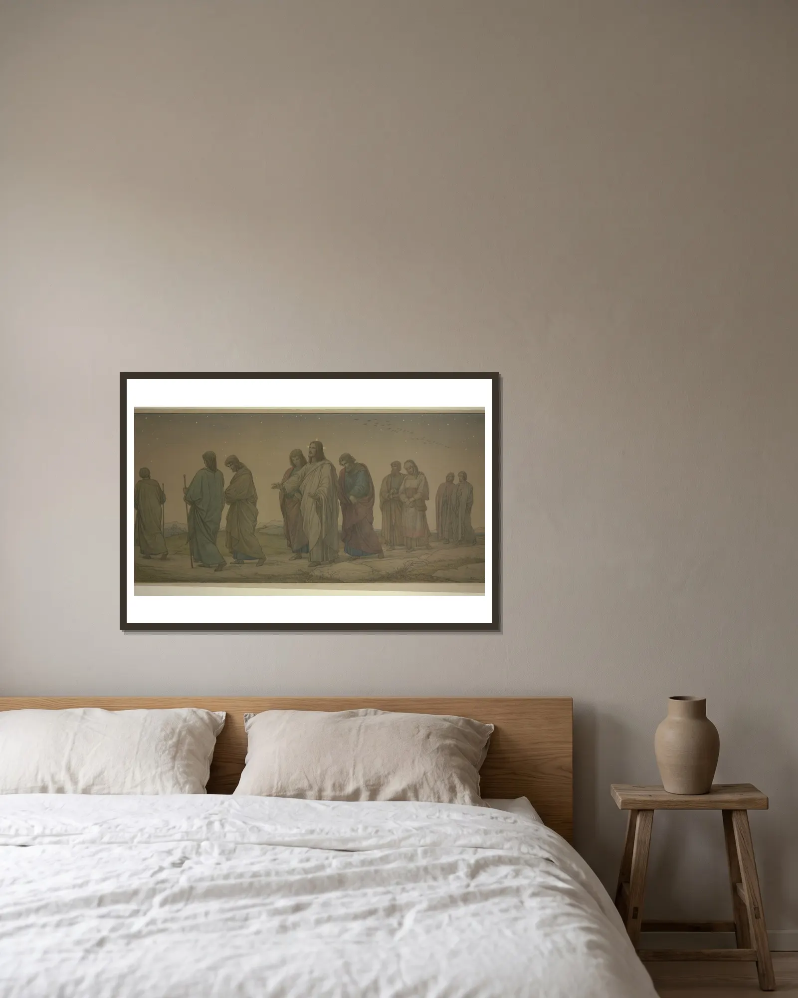 Christ walking with the disciples av Eduard von Steinle inramad på en vägg