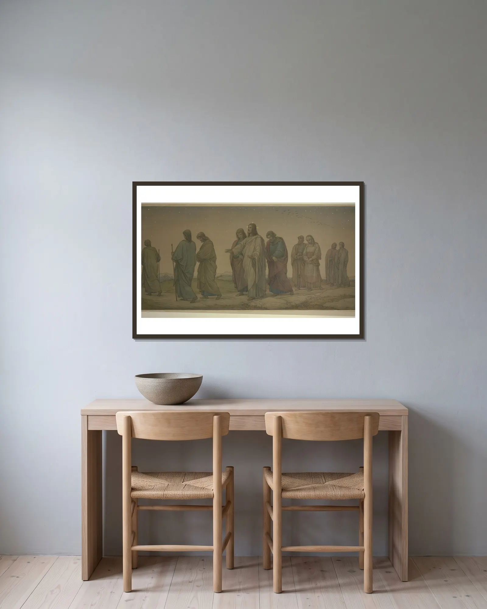 Christ walking with the disciples av Eduard von Steinle inramad på en vägg