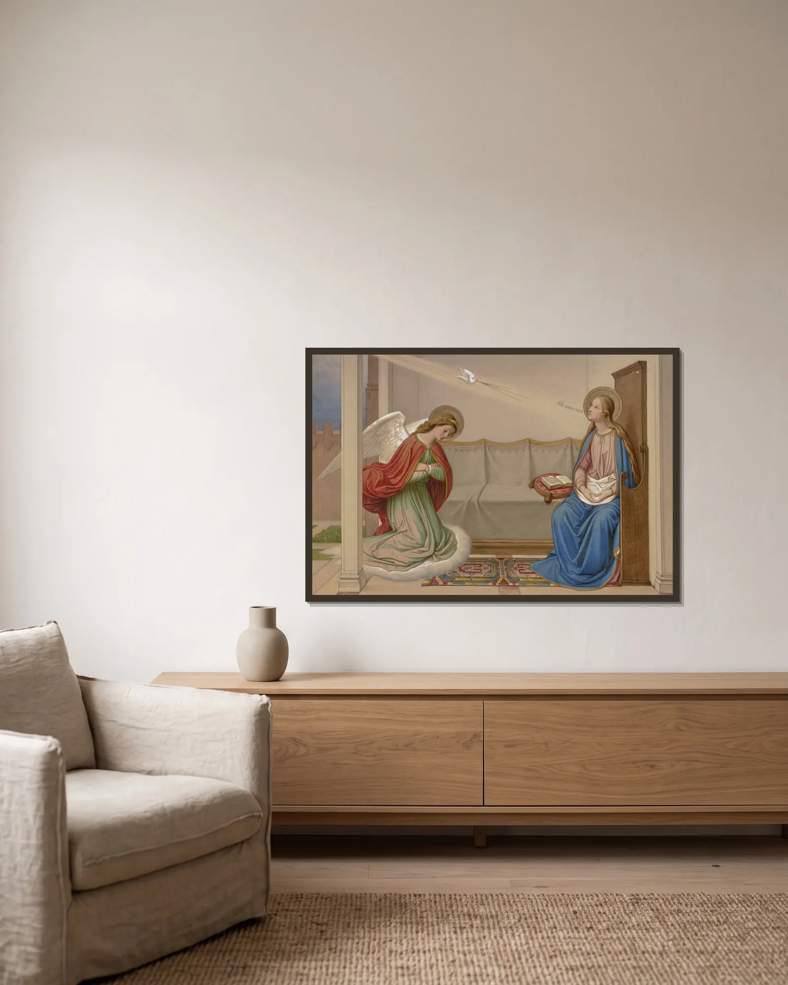 The Annunciation av Eduard von Steinle inramad på en vägg
