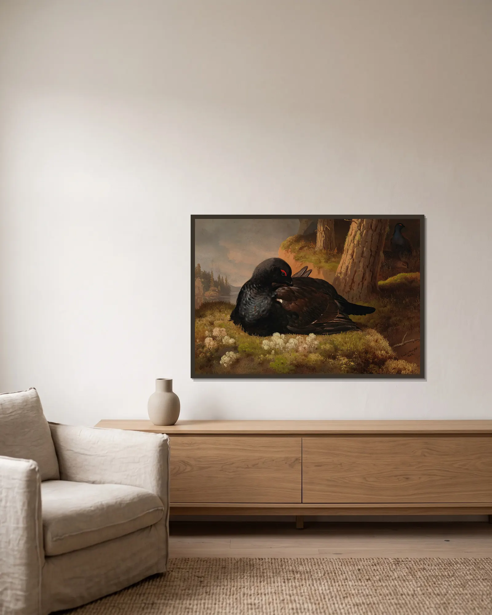 Black Grouse av Ferdinand von Wright inramad på en vägg