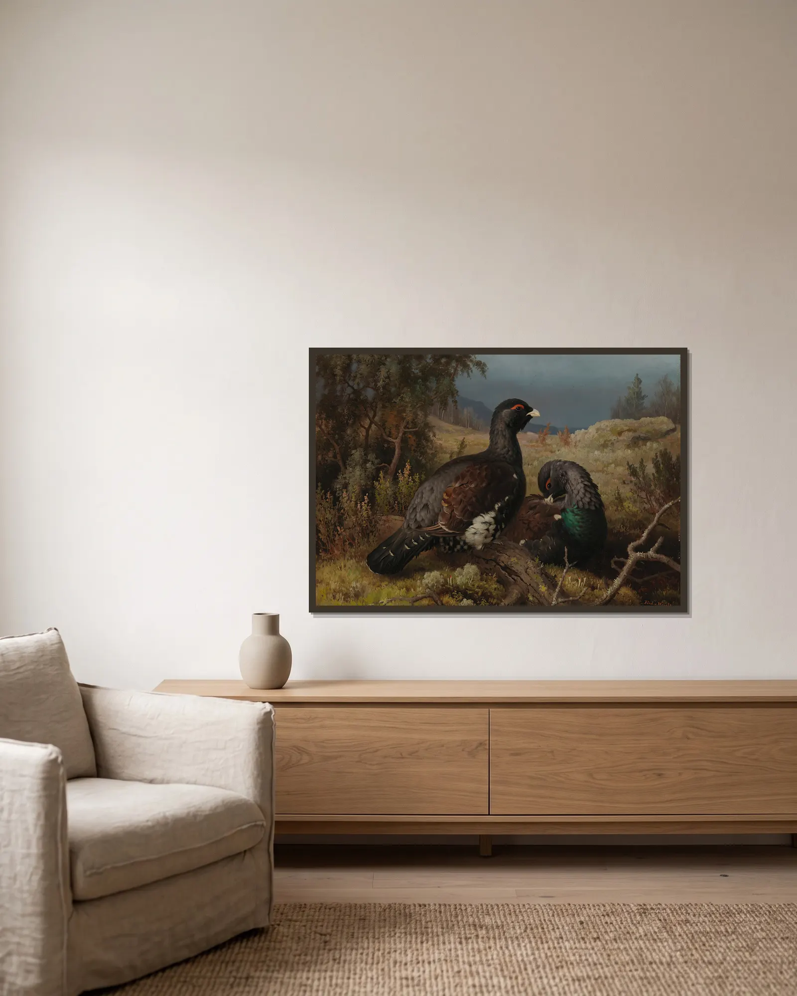 Capercaillie Cocks av Ferdinand von Wright inramad på en vägg