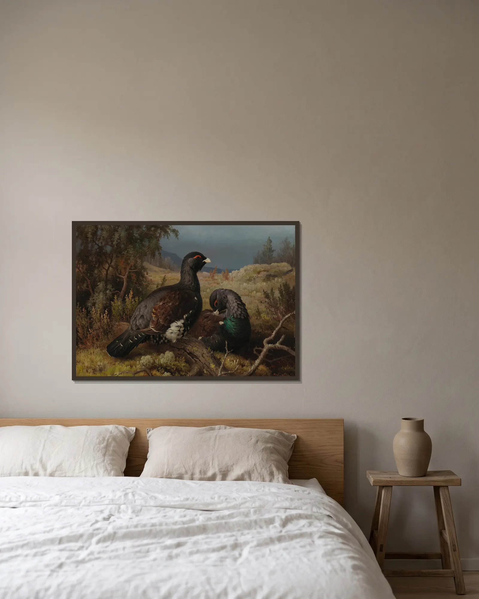 Capercaillie Cocks av Ferdinand von Wright inramad på en vägg