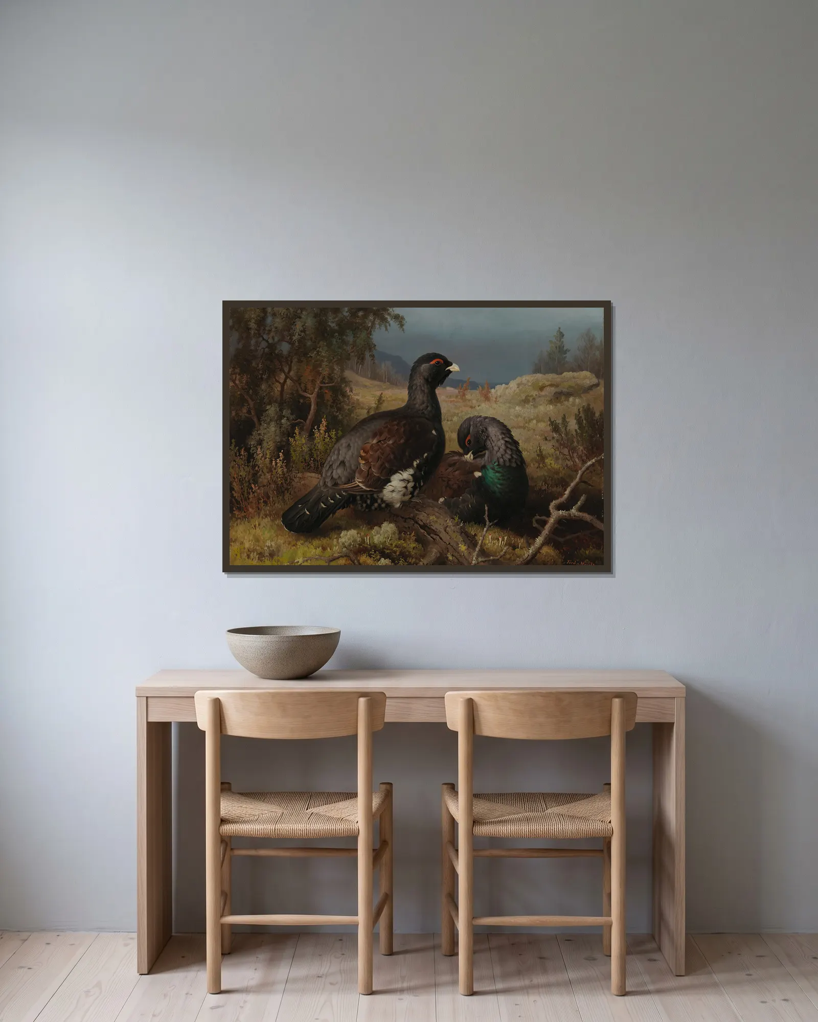 Capercaillie Cocks av Ferdinand von Wright inramad på en vägg
