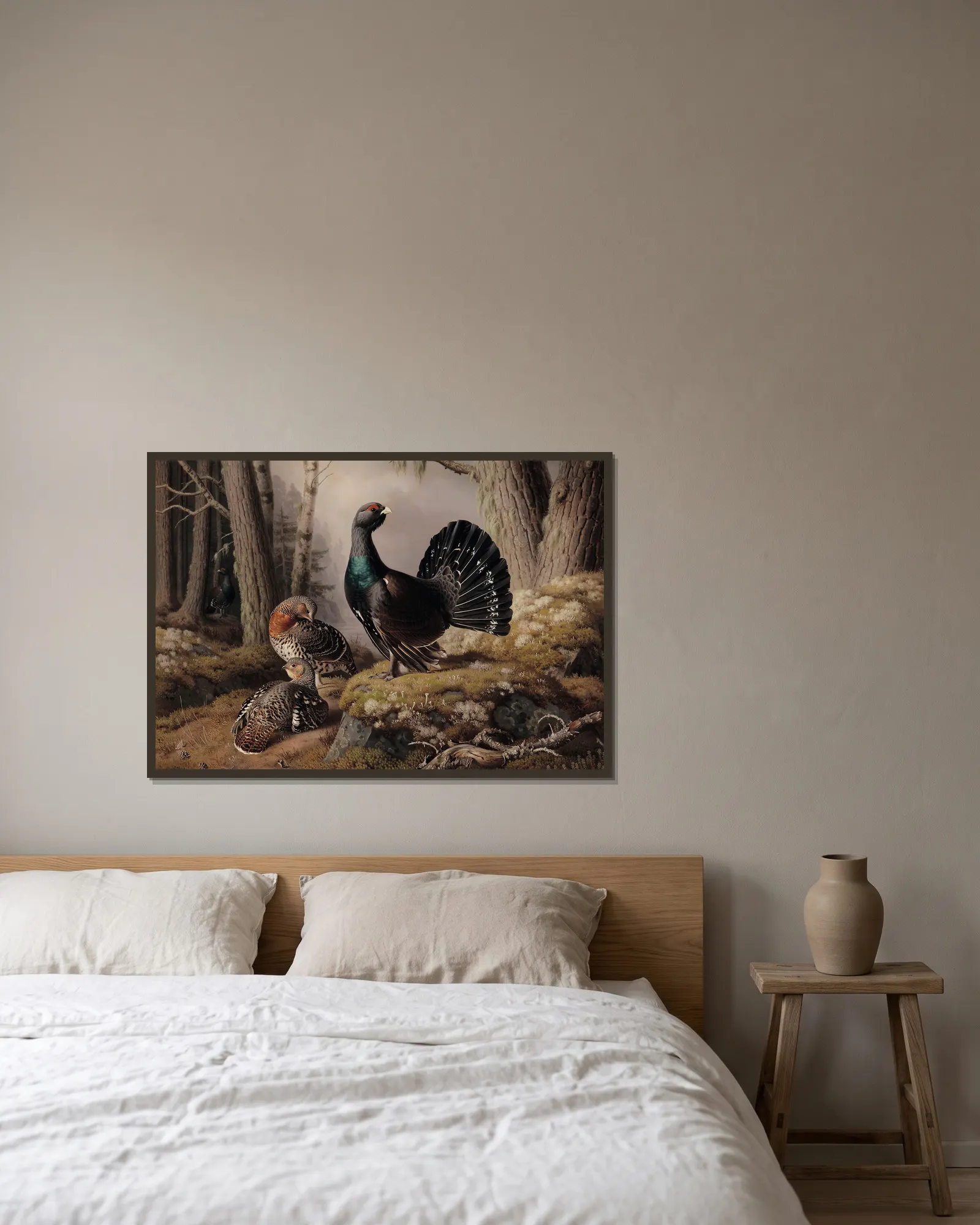 Capercaillies Courting av Ferdinand von Wright inramad på en vägg