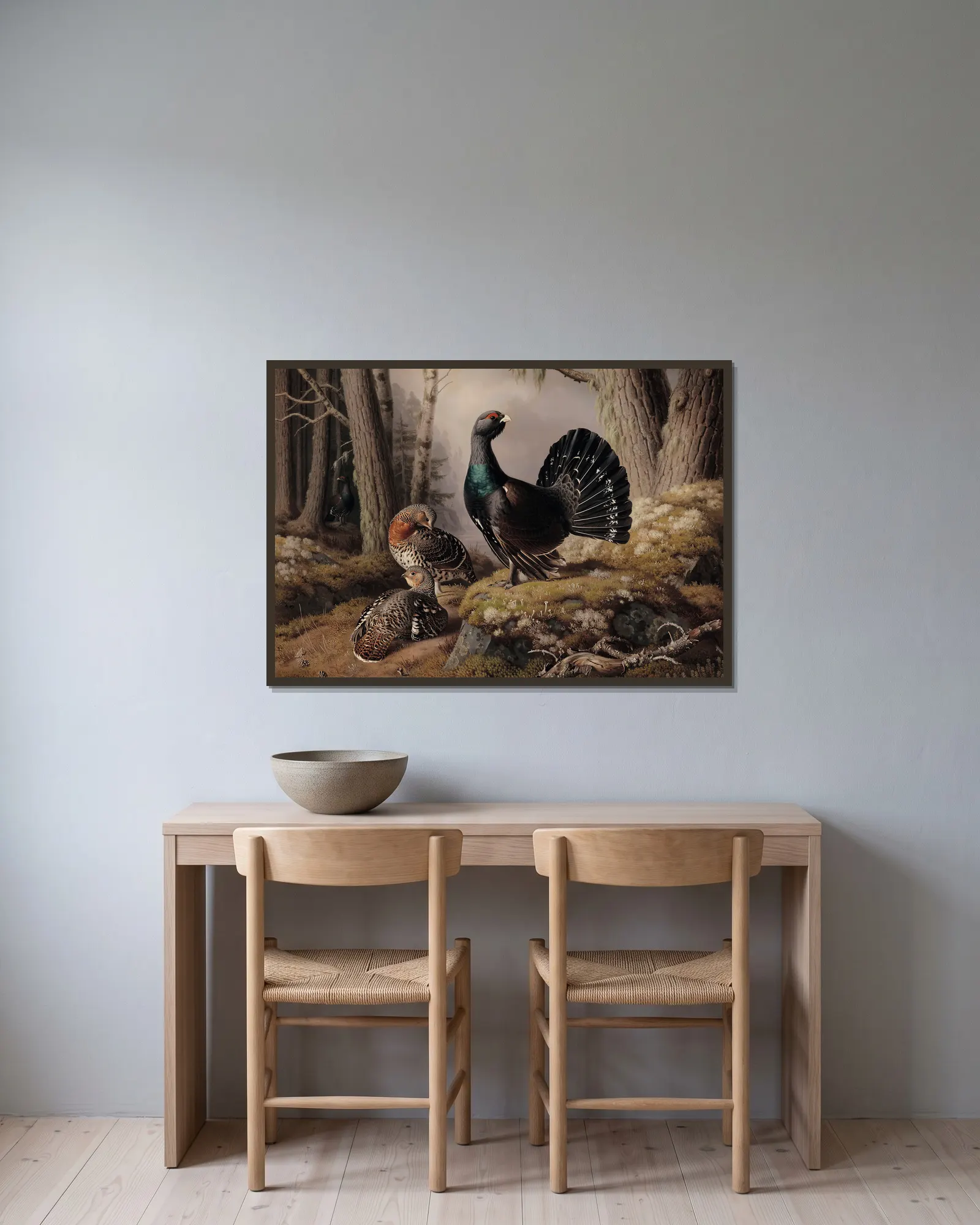 Capercaillies Courting av Ferdinand von Wright inramad på en vägg