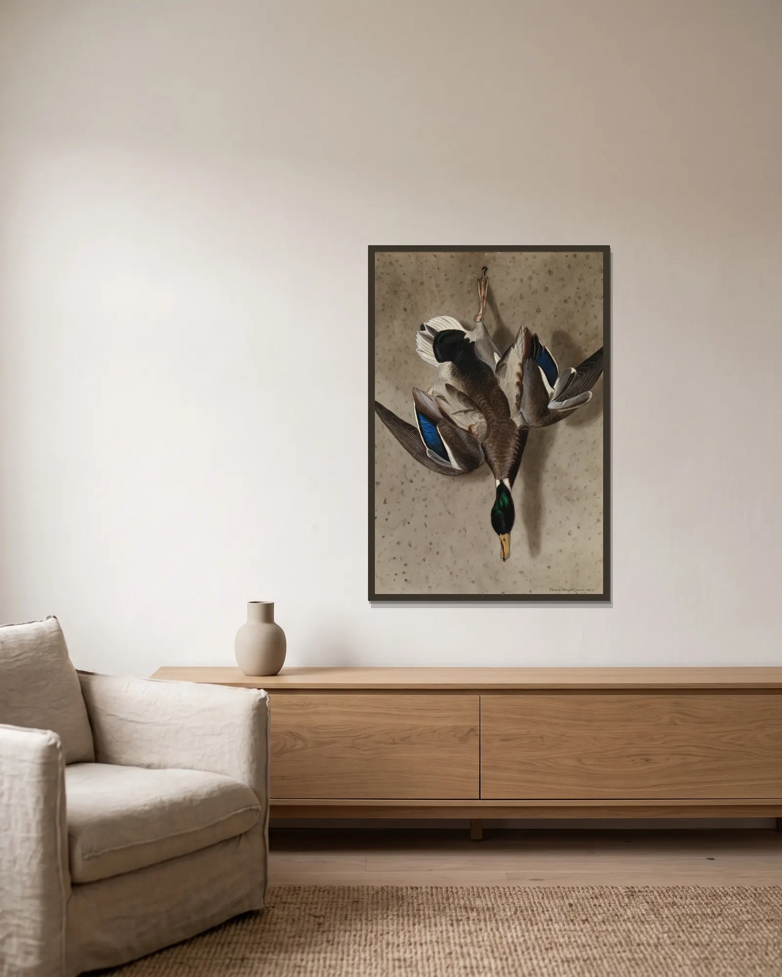 Hanging Mallard av Ferdinand von Wright inramad på en vägg