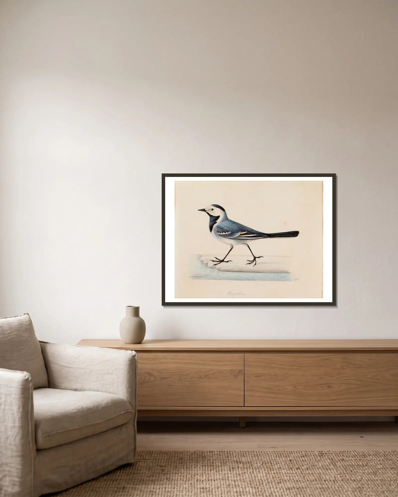 White Wagtail av Ferdinand von Wright inramad på en vägg