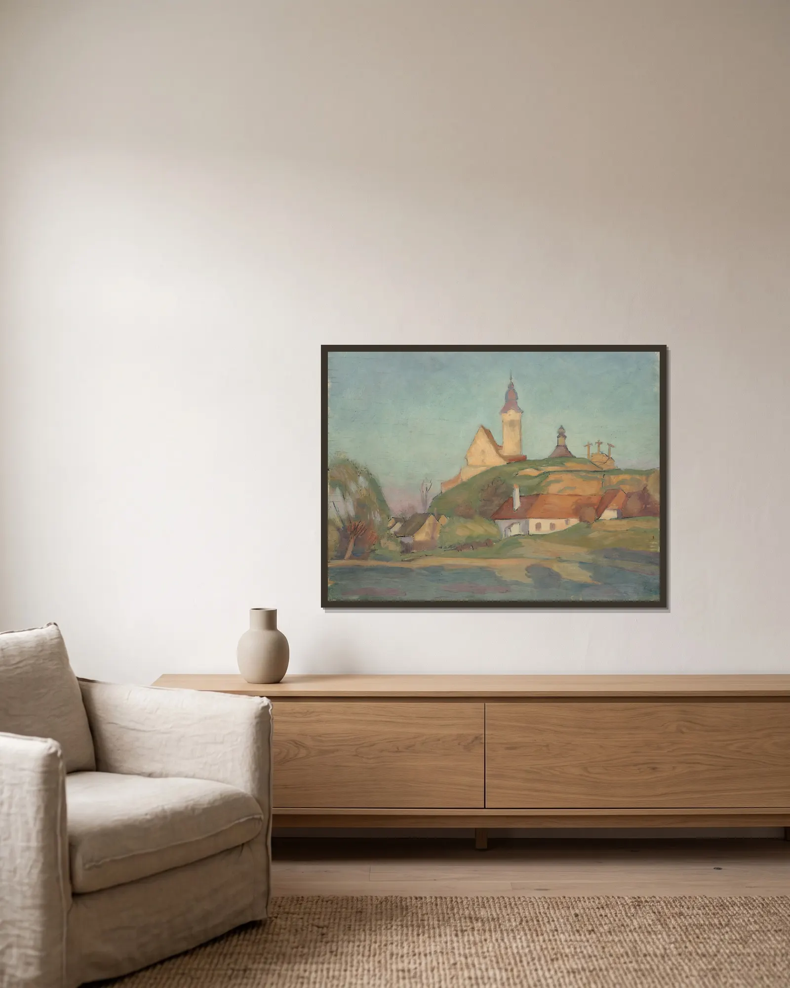 Landschaft mit Kirche – nr 1 av Walther Gamerith inramad på en vägg