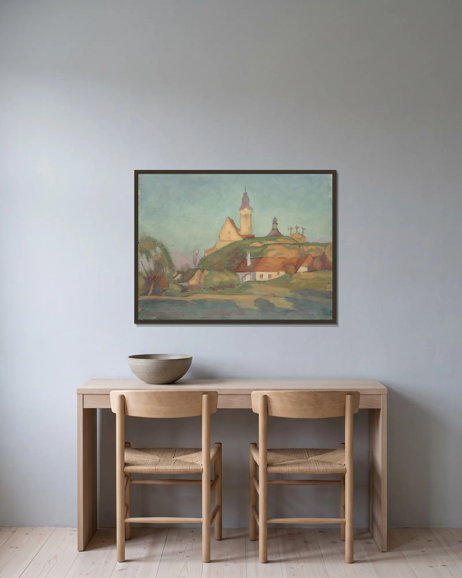 Landschaft mit Kirche – nr 1 av Walther Gamerith inramad på en vägg