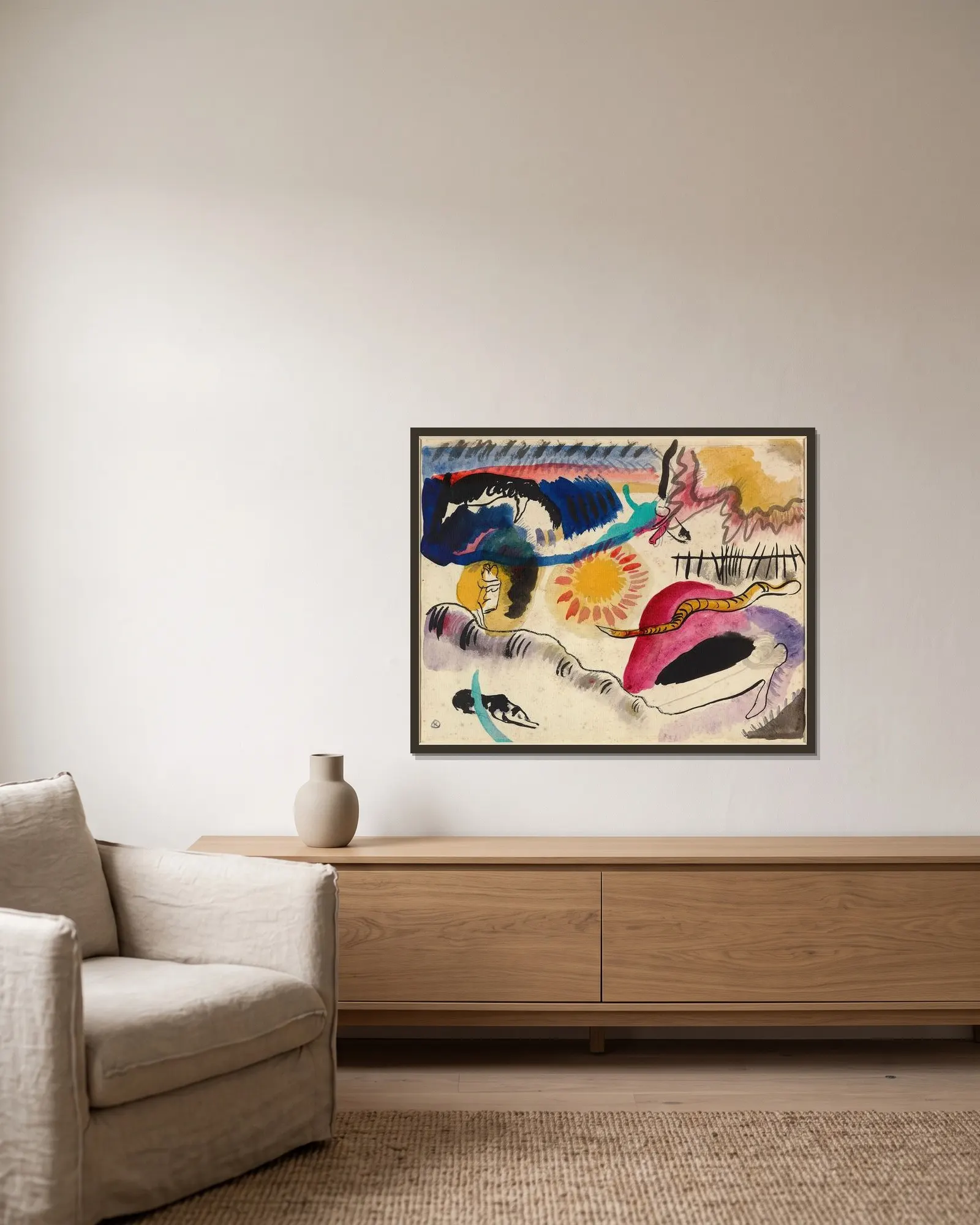 Aquarell Nr. 3 (Liebesgarten) av Wassily Kandinsky inramad på en vägg