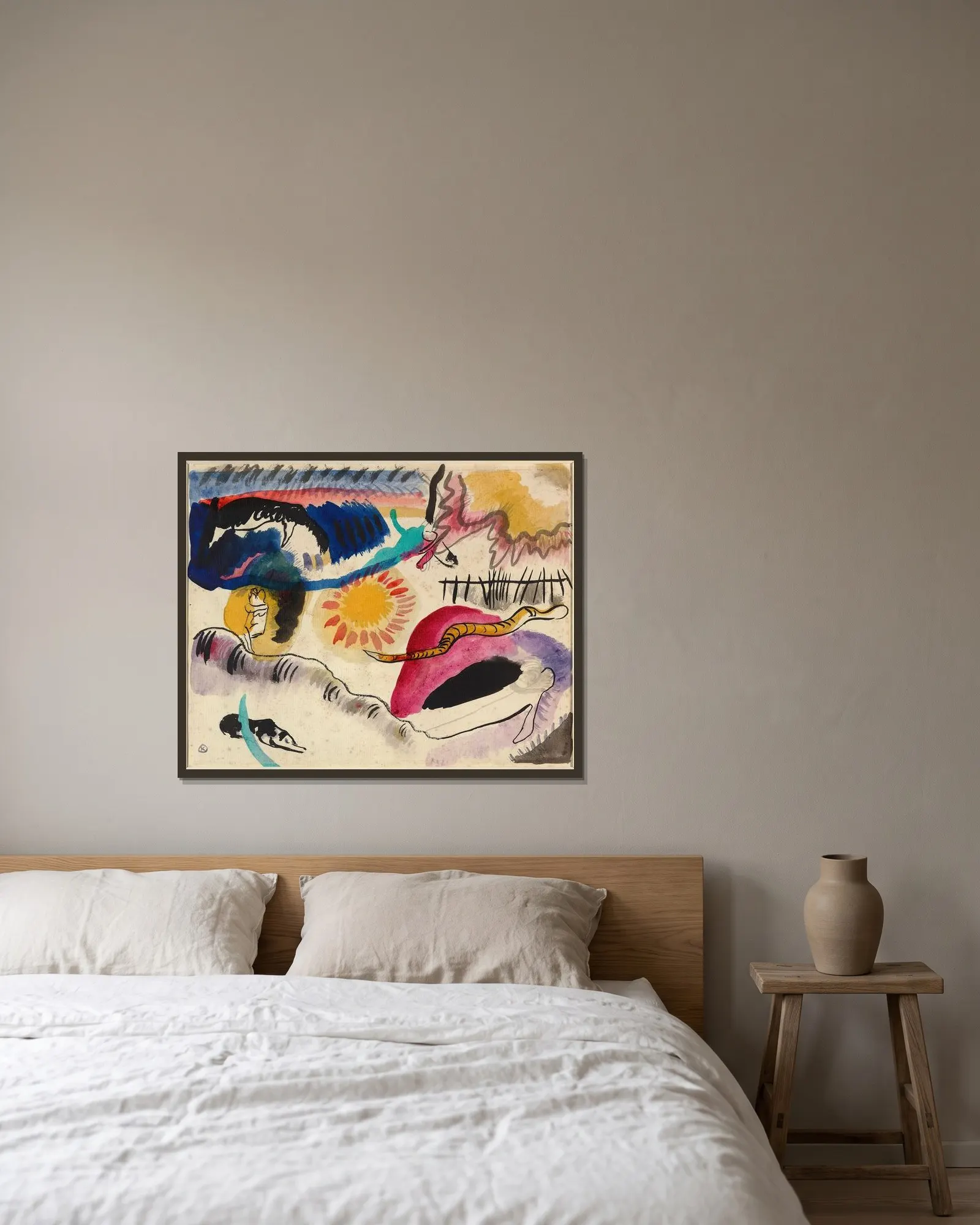 Aquarell Nr. 3 (Liebesgarten) av Wassily Kandinsky inramad på en vägg