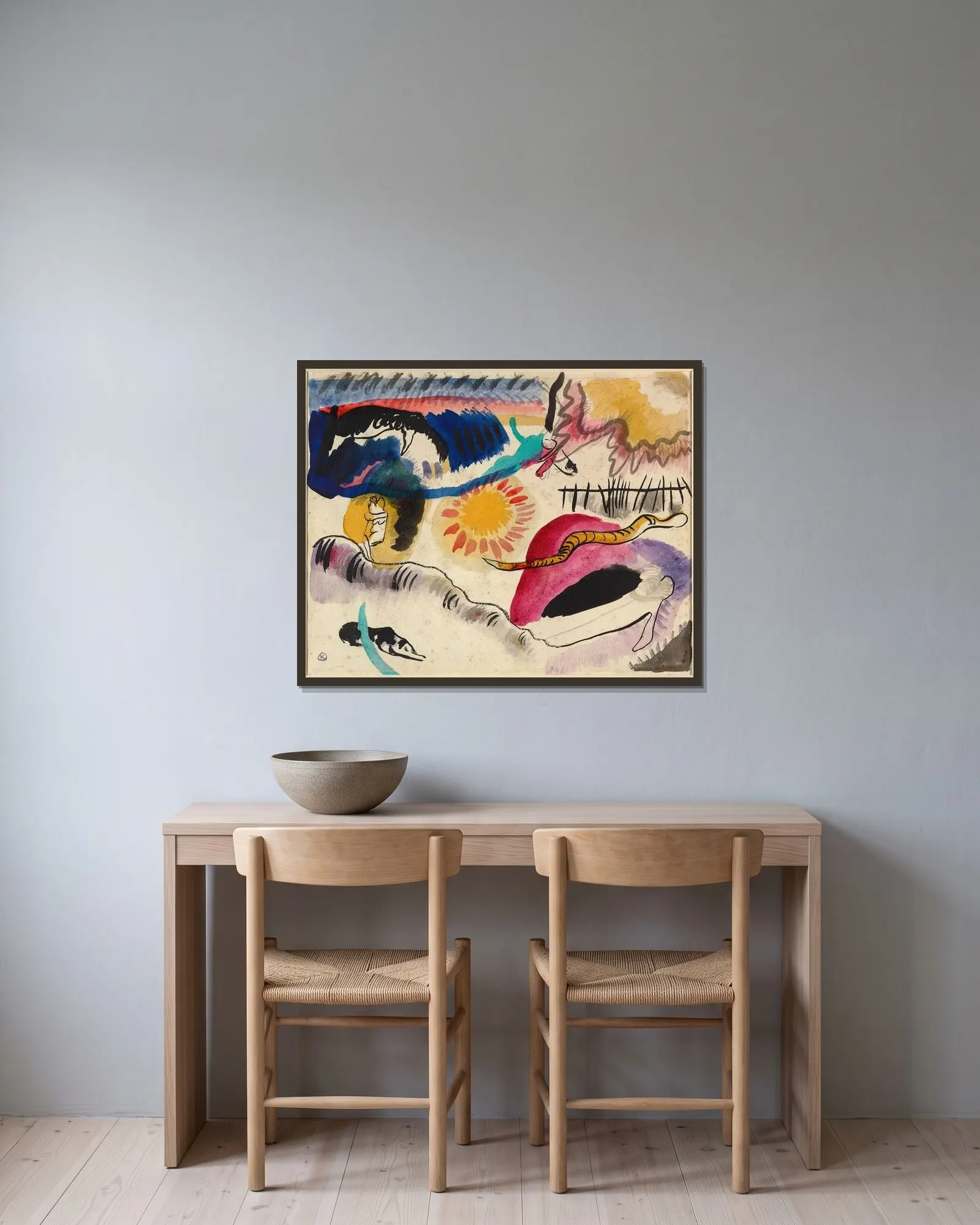 Aquarell Nr. 3 (Liebesgarten) av Wassily Kandinsky inramad på en vägg