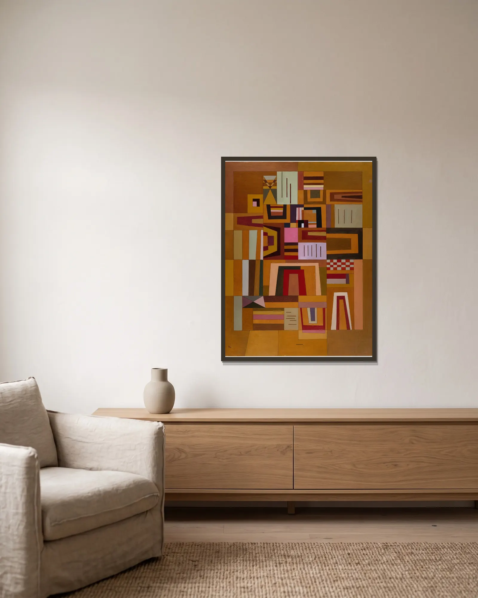 Ausgleichrosa av Wassily Kandinsky inramad på en vägg