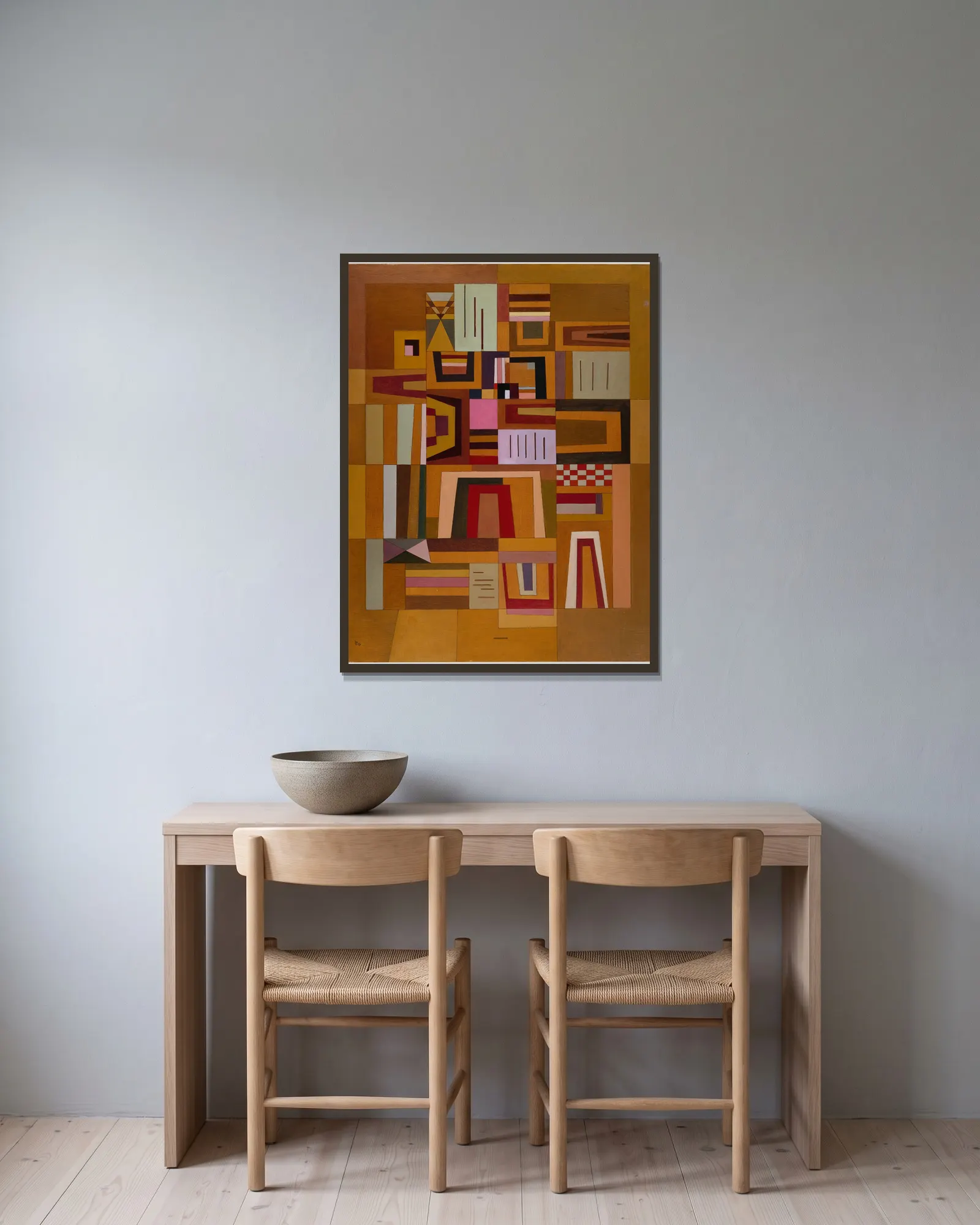 Ausgleichrosa av Wassily Kandinsky inramad på en vägg