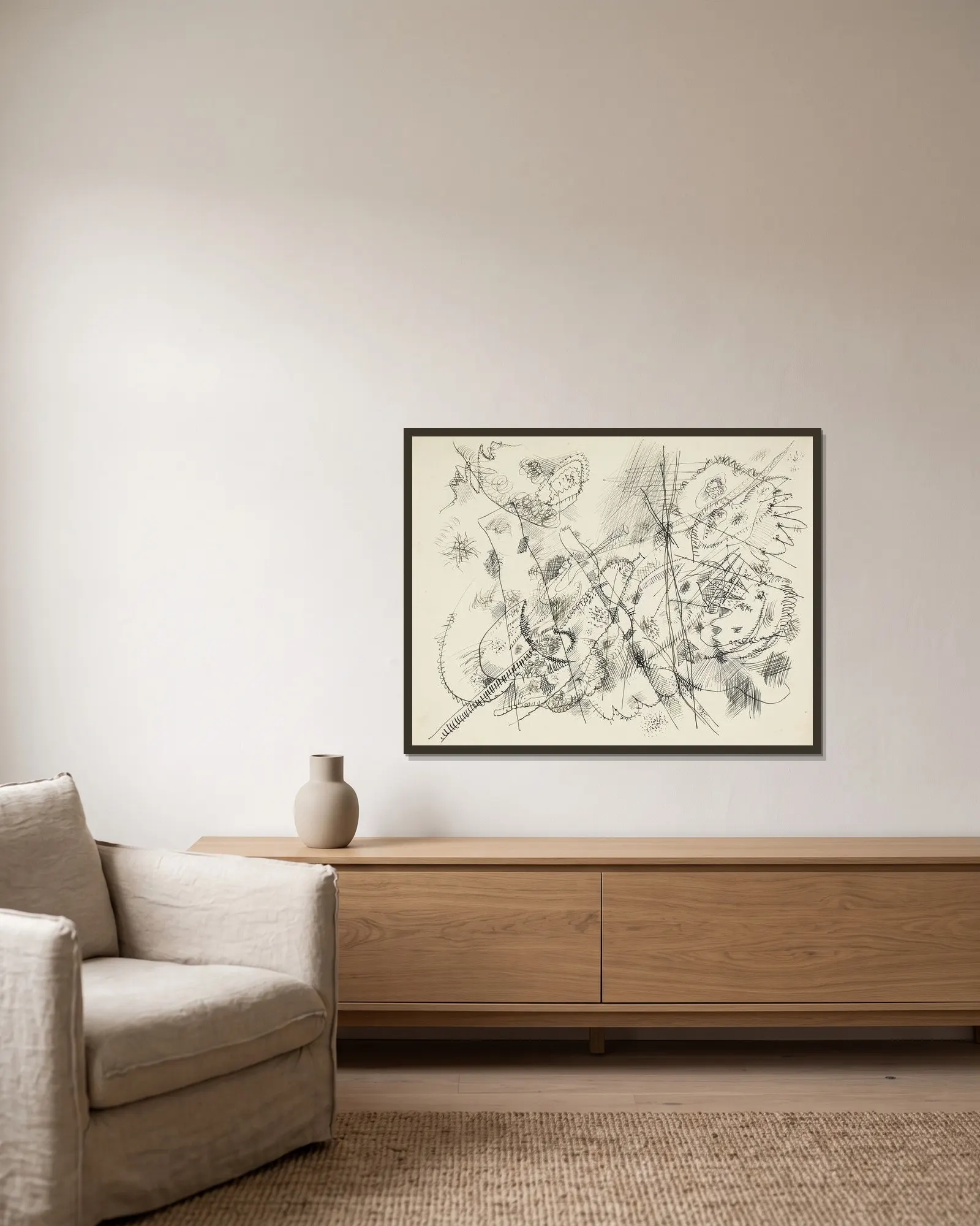 Design for an etching av Wassily Kandinsky inramad på en vägg