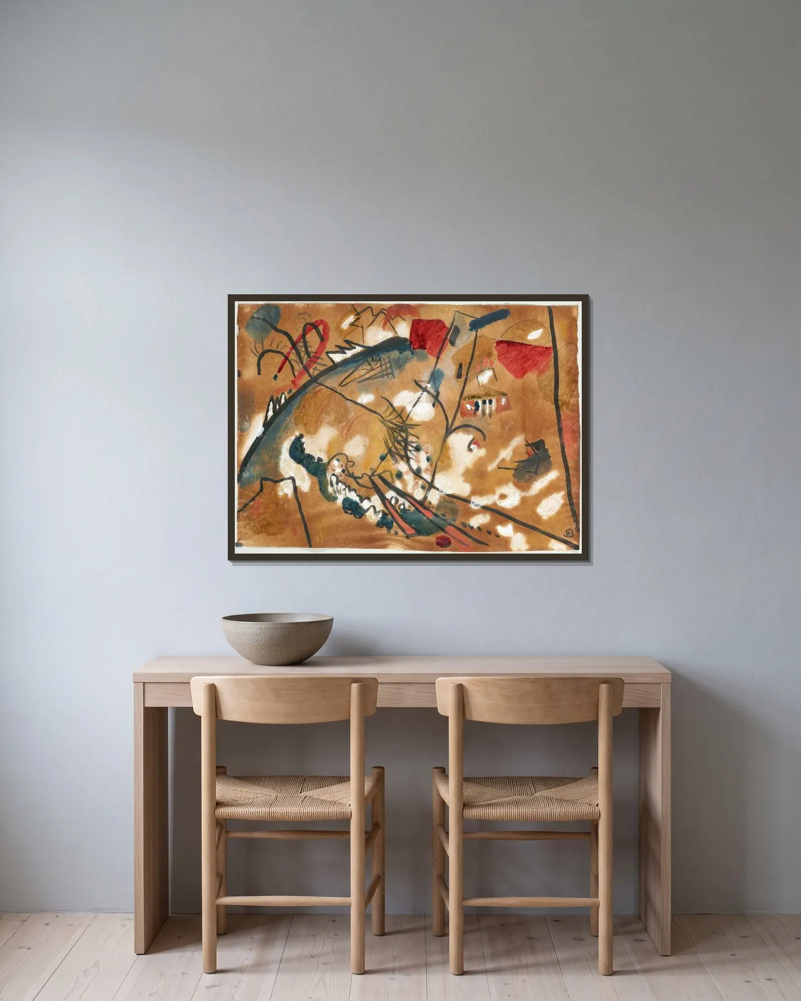 Draft for ‘Improvisation 24 (Troika II)’ av Wassily Kandinsky inramad på en vägg
