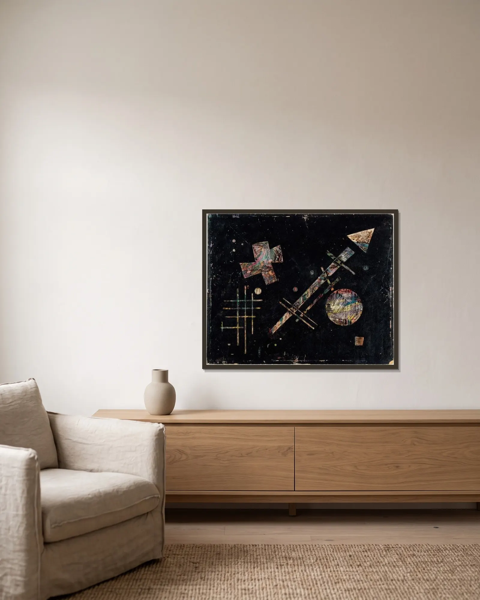 Einzelne Klänge (Isolated Sounds) av Wassily Kandinsky inramad på en vägg