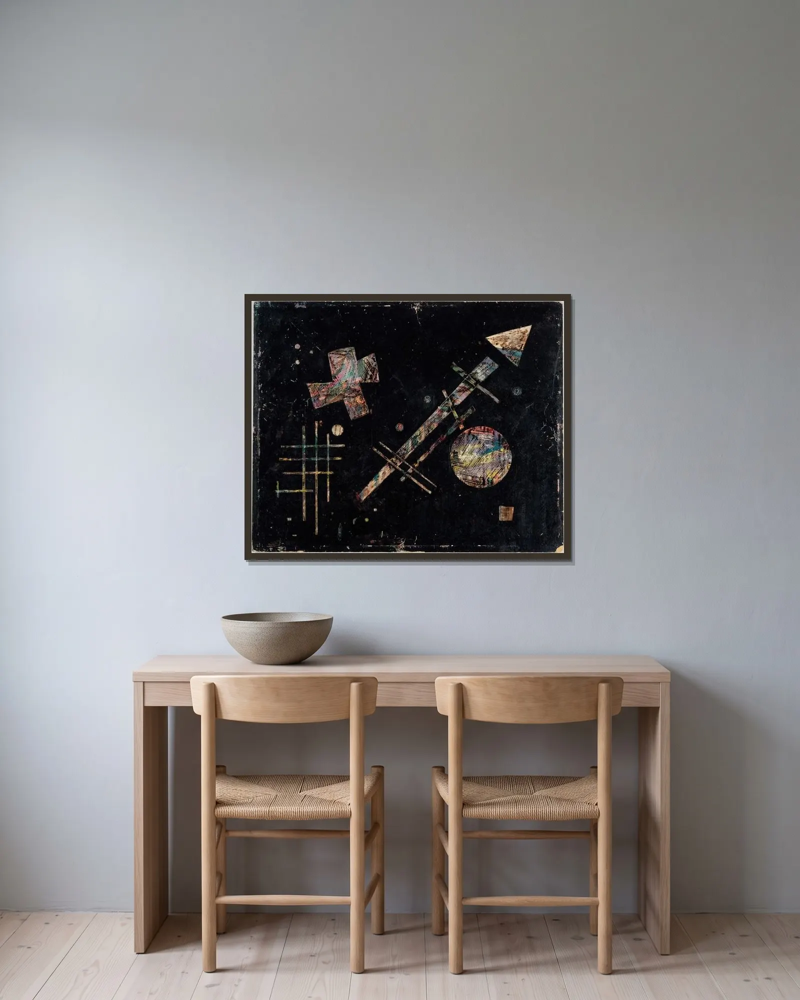 Einzelne Klänge (Isolated Sounds) av Wassily Kandinsky inramad på en vägg