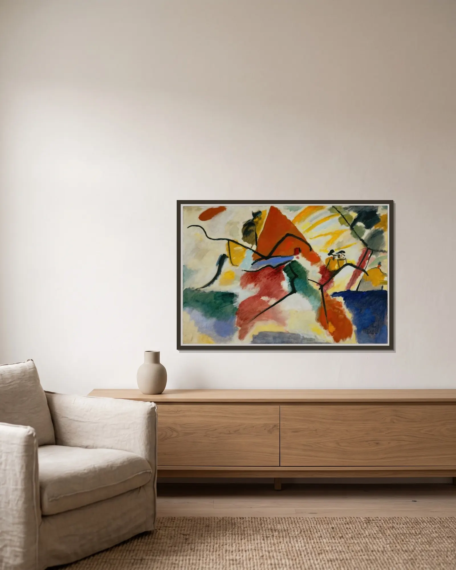 Impression V (Park) av Wassily Kandinsky inramad på en vägg