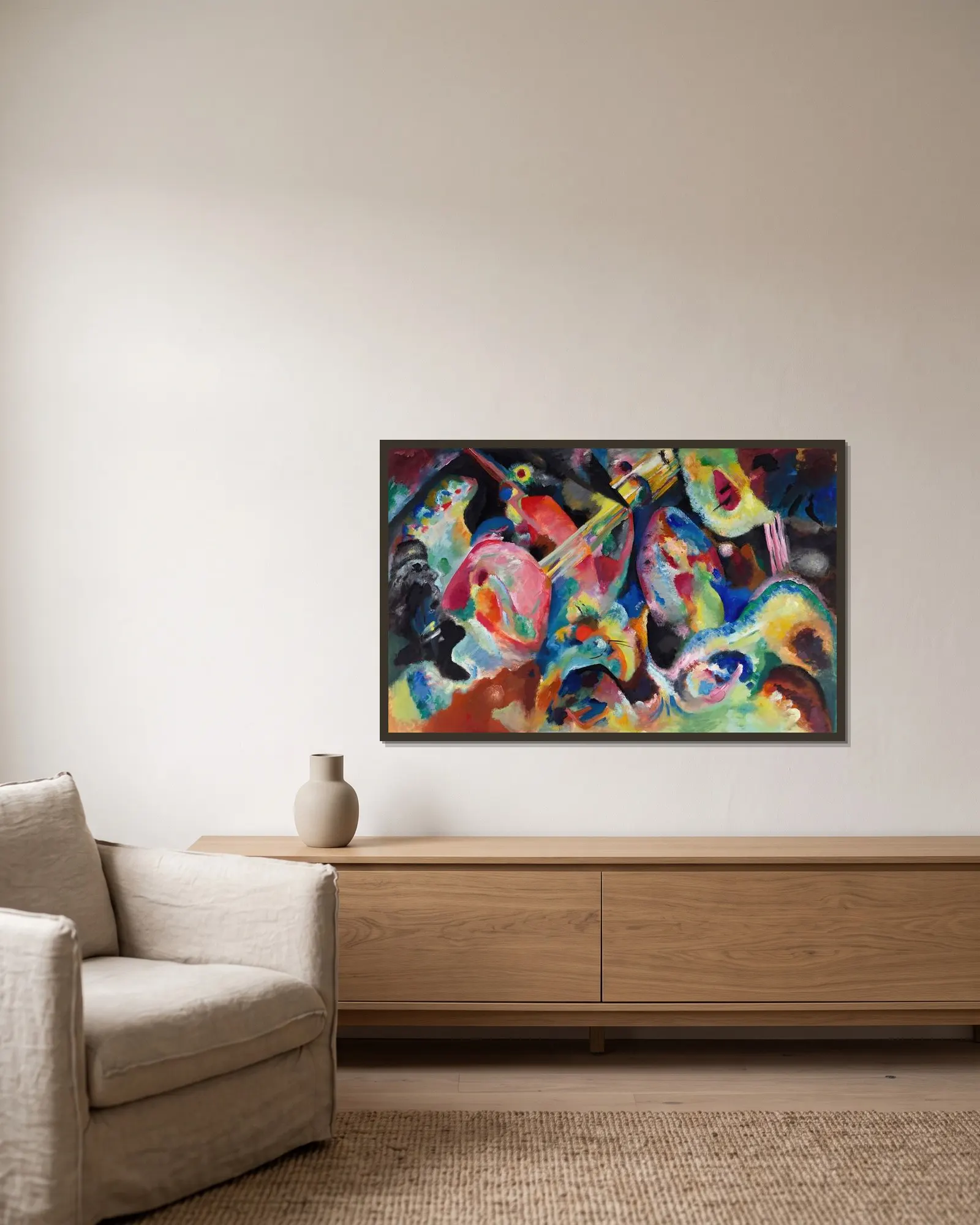 Improvisation Flood av Wassily Kandinsky inramad på en vägg