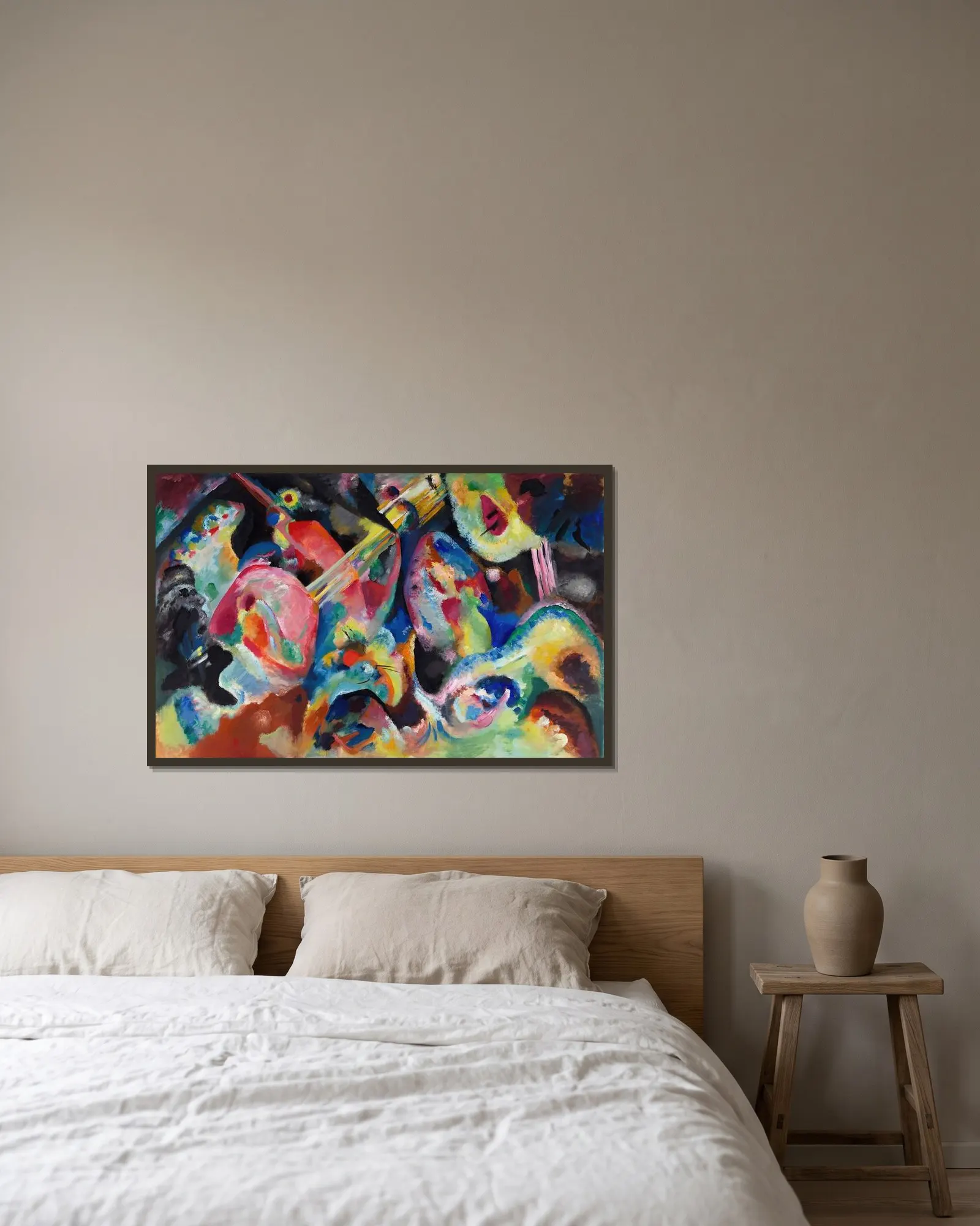 Improvisation Flood av Wassily Kandinsky inramad på en vägg