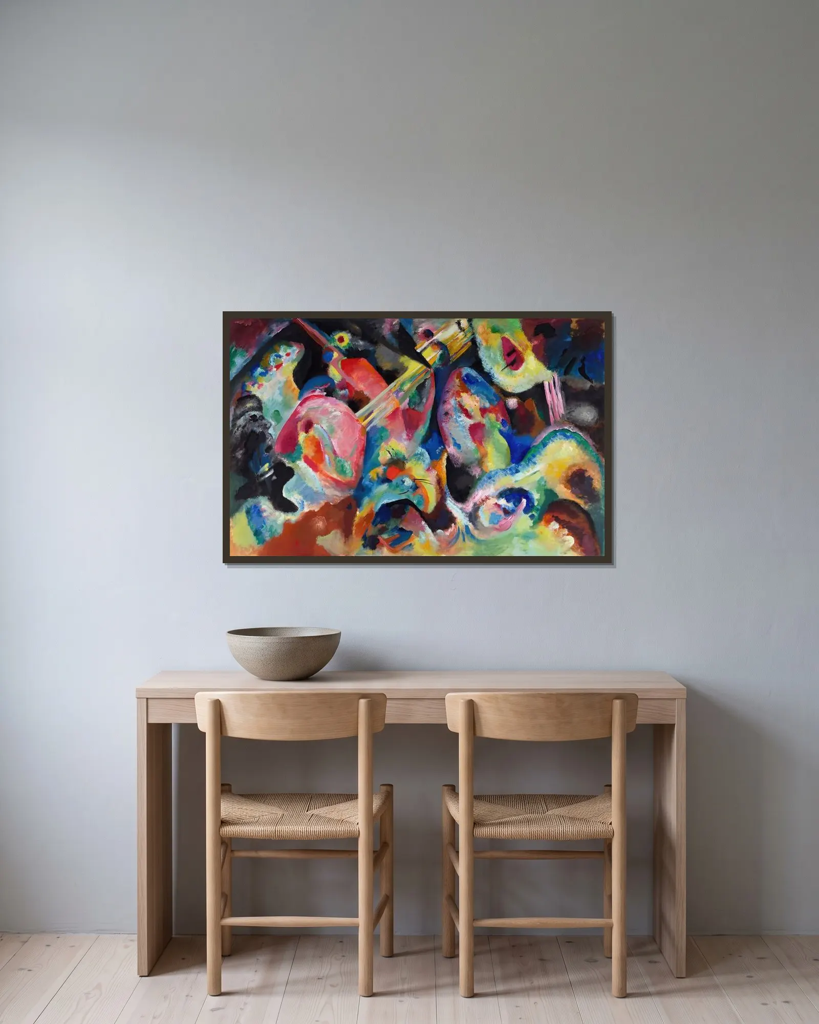 Improvisation Flood av Wassily Kandinsky inramad på en vägg