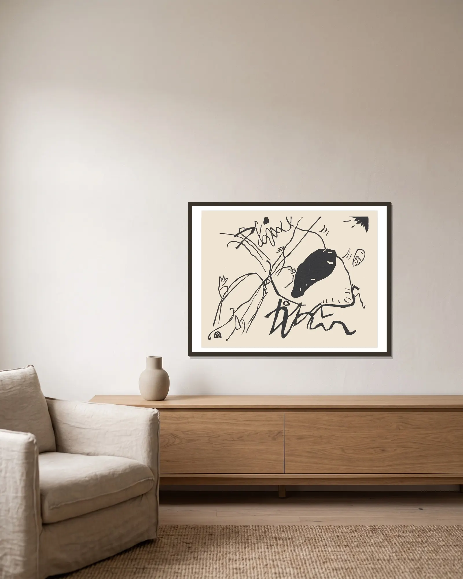 Klänge Pl.02 av Wassily Kandinsky inramad på en vägg
