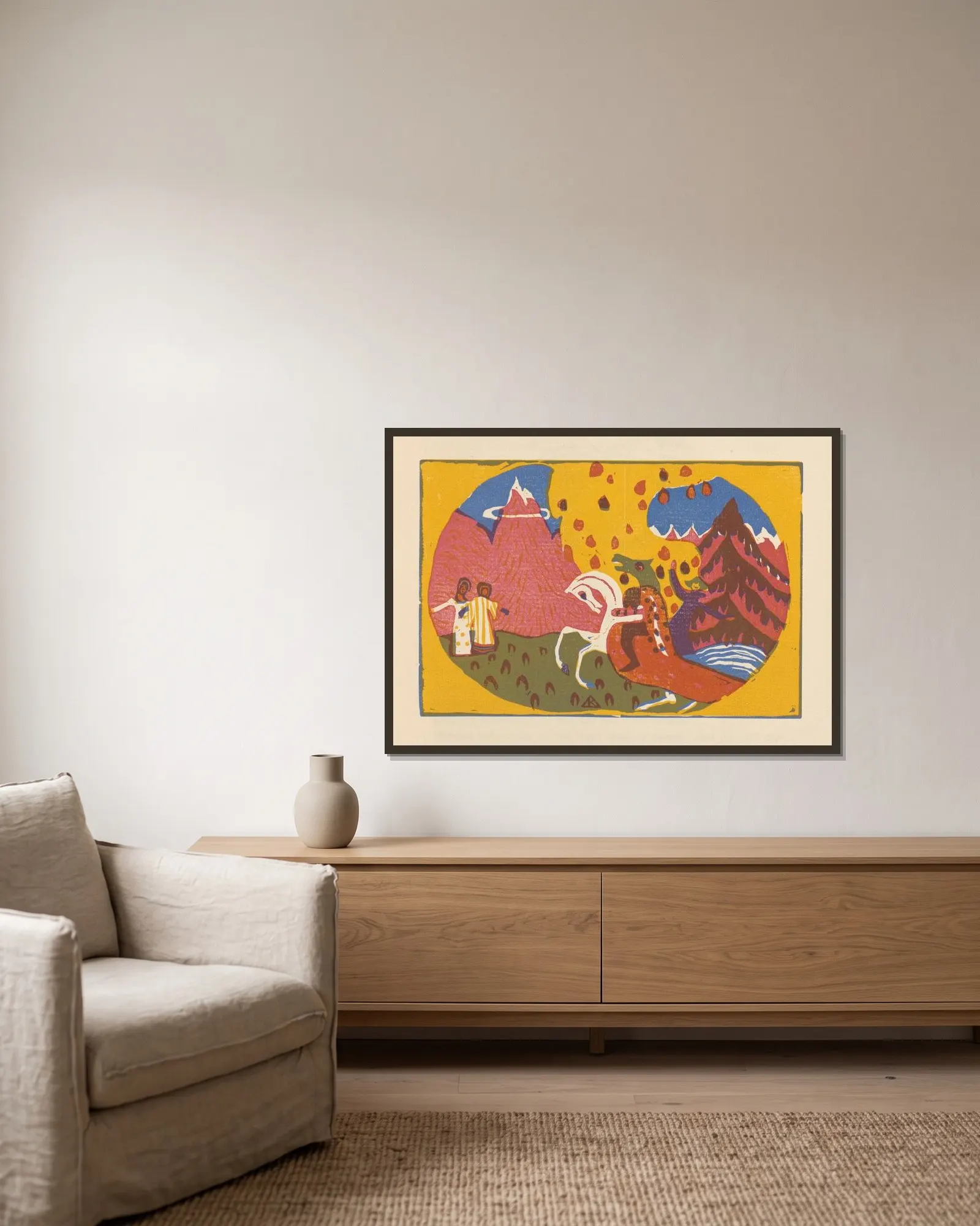 Klänge Pl.05 av Wassily Kandinsky inramad på en vägg