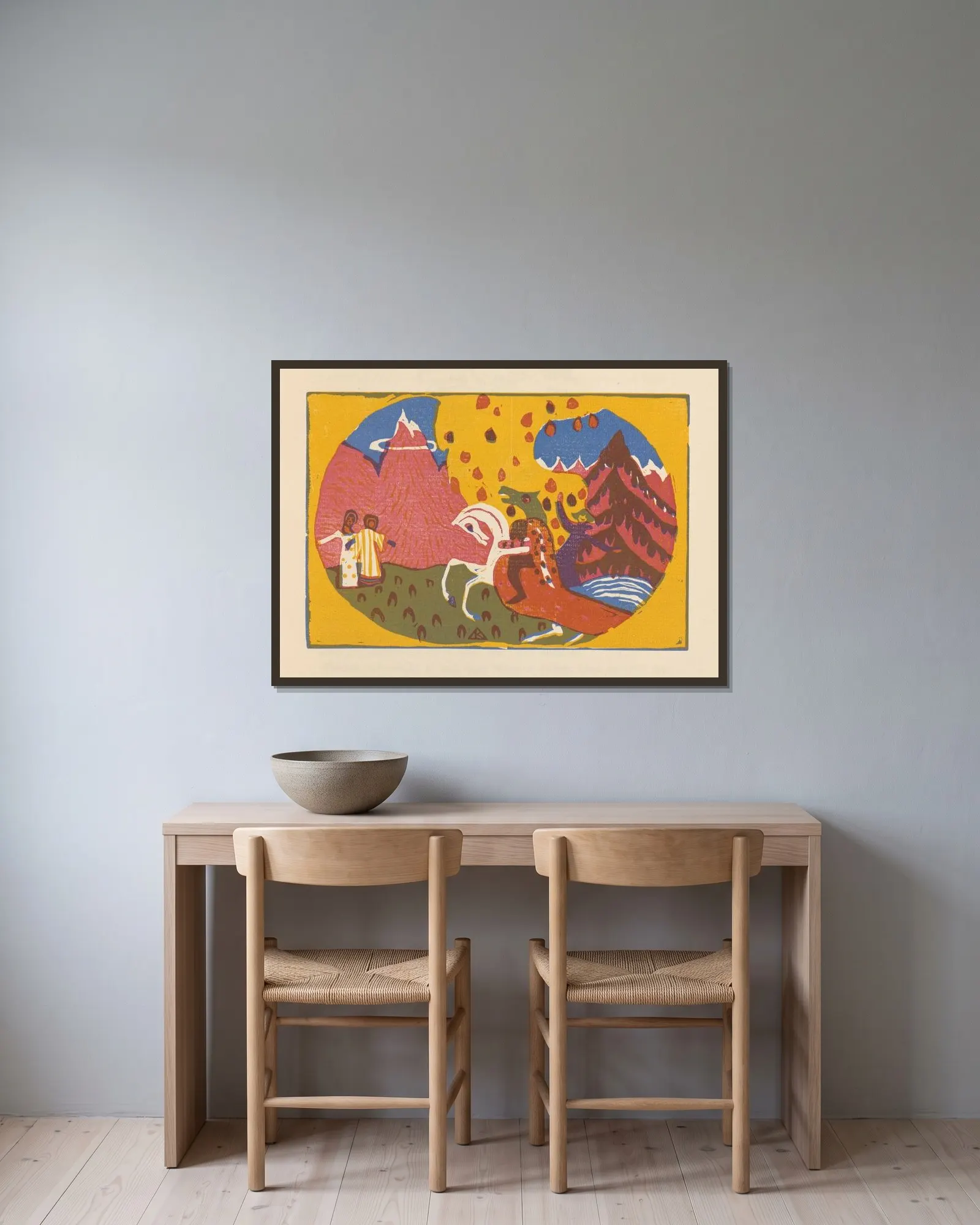 Klänge Pl.05 av Wassily Kandinsky inramad på en vägg