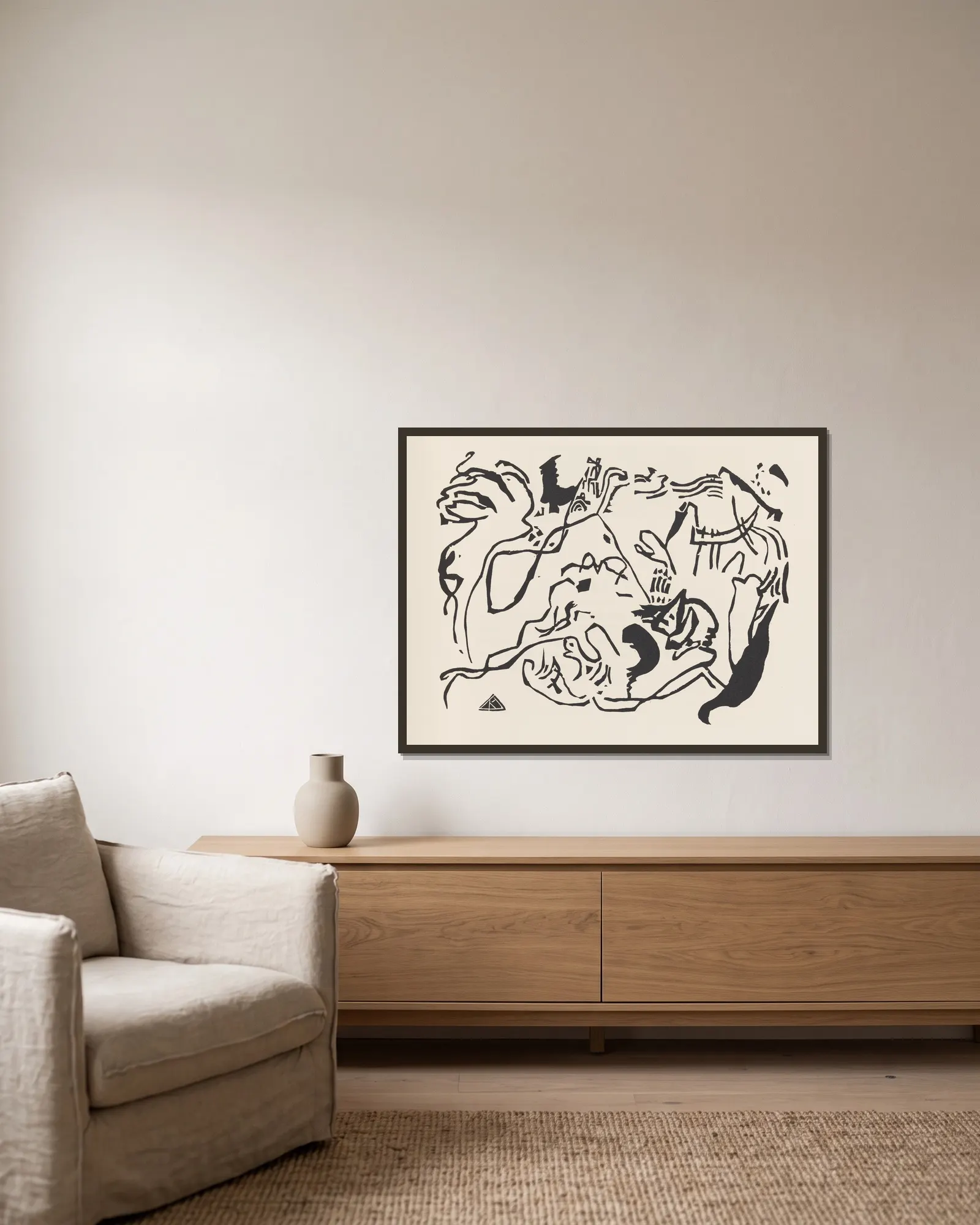 Klänge Pl.06 av Wassily Kandinsky inramad på en vägg