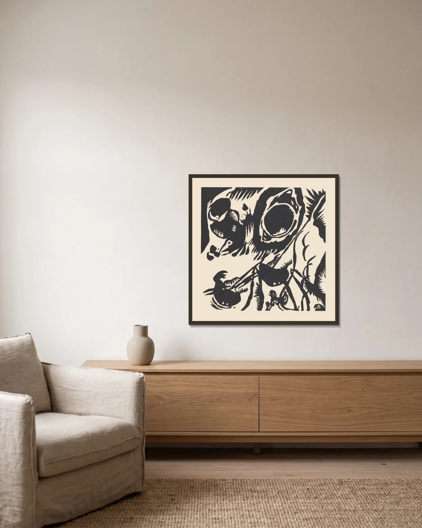 Klänge Pl.08 av Wassily Kandinsky inramad på en vägg