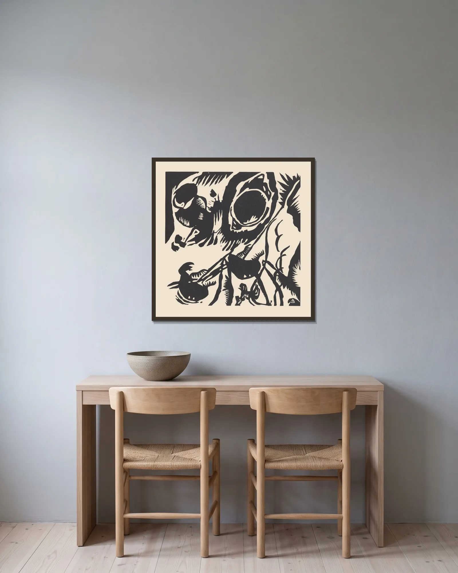 Klänge Pl.08 av Wassily Kandinsky inramad på en vägg