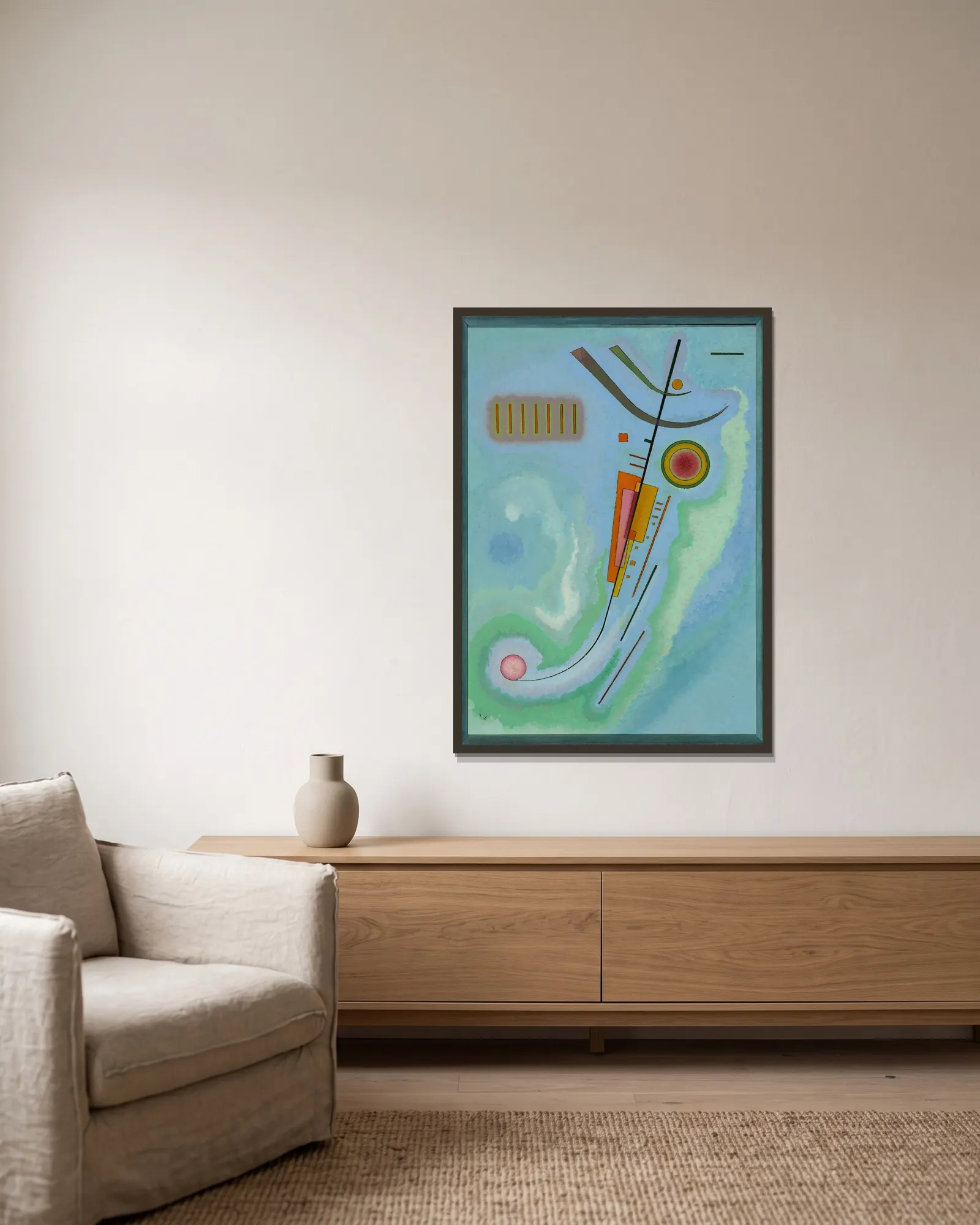 Leichtes av Wassily Kandinsky inramad på en vägg