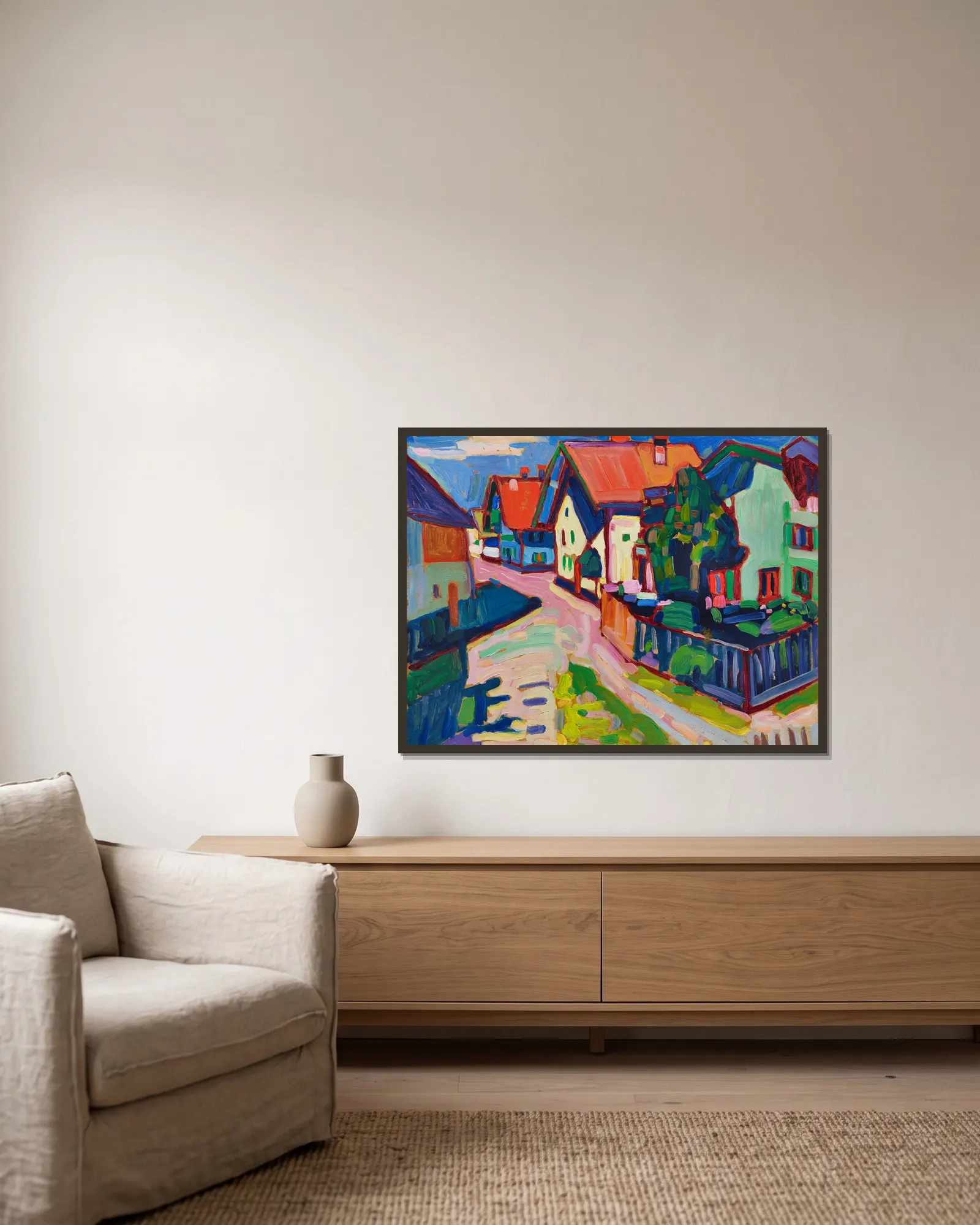 Murnau av Wassily Kandinsky inramad på en vägg
