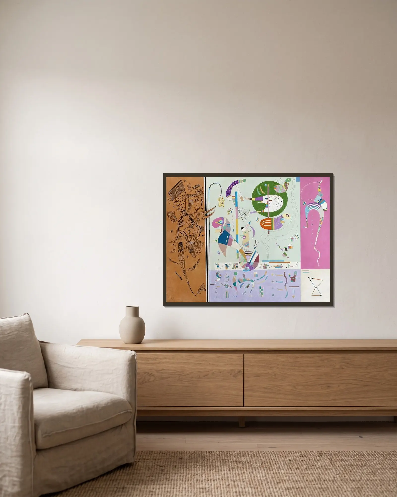 Parties diverse av Wassily Kandinsky inramad på en vägg
