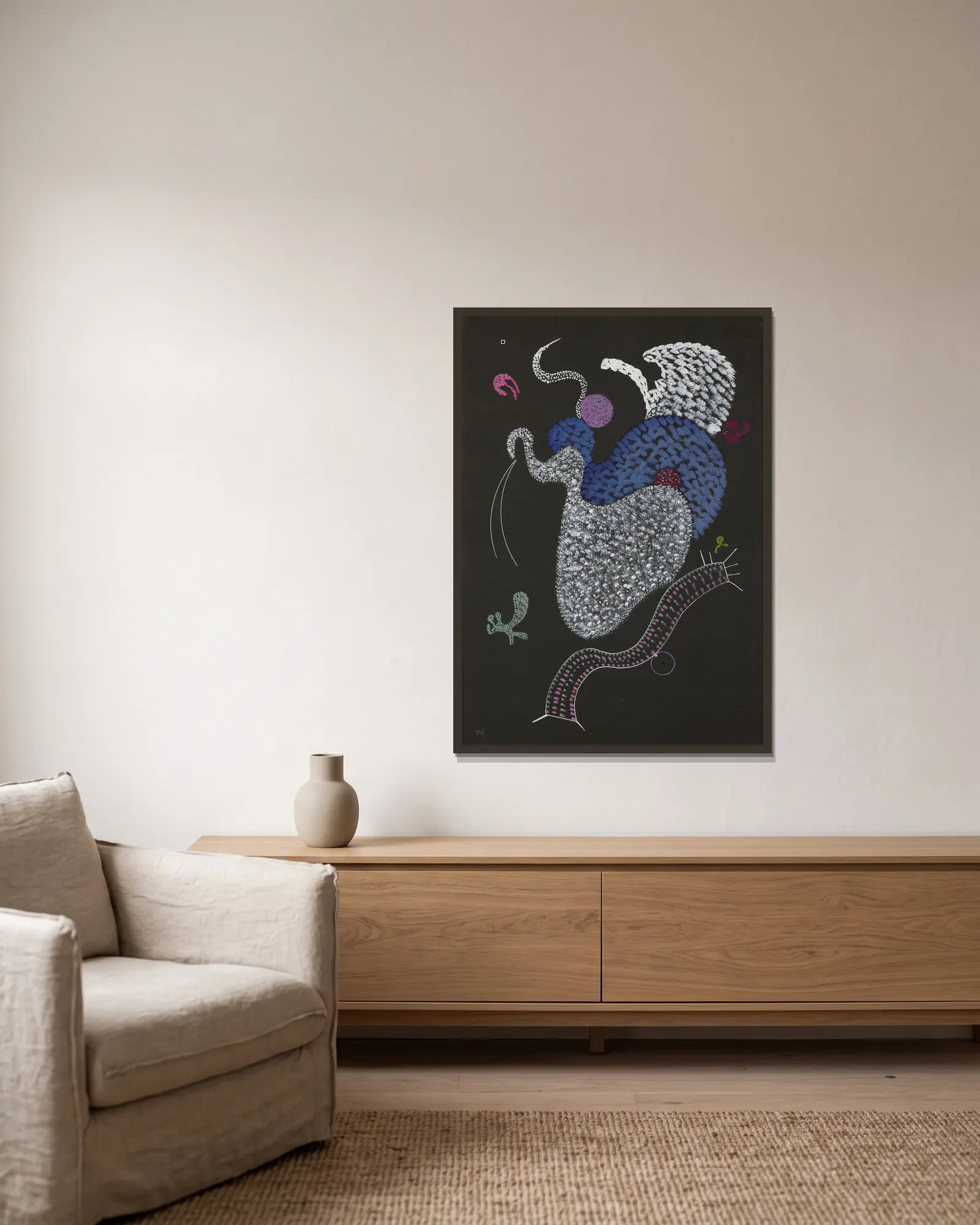Pointillé av Wassily Kandinsky inramad på en vägg