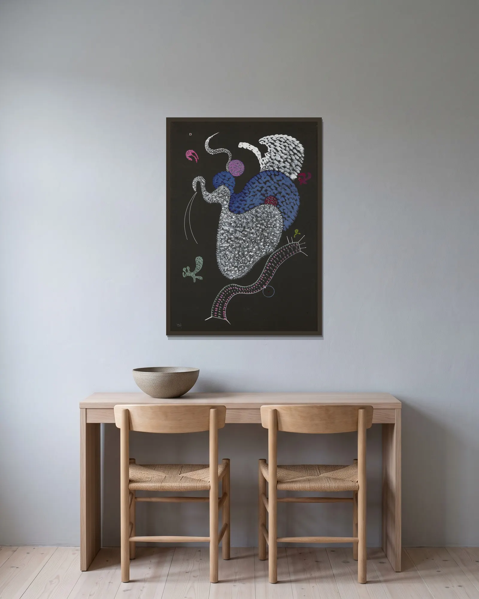 Pointillé av Wassily Kandinsky inramad på en vägg