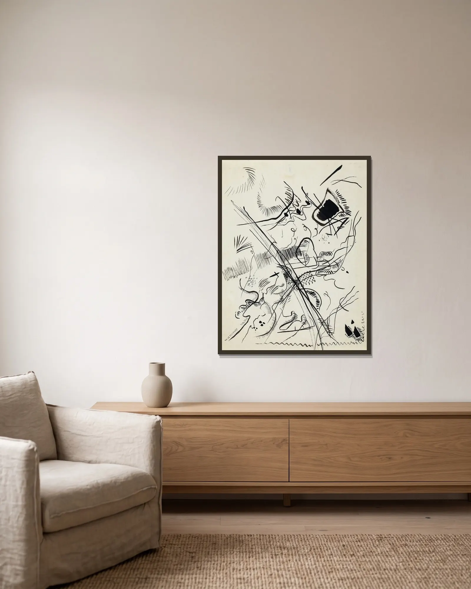 Untitled av Wassily Kandinsky inramad på en vägg