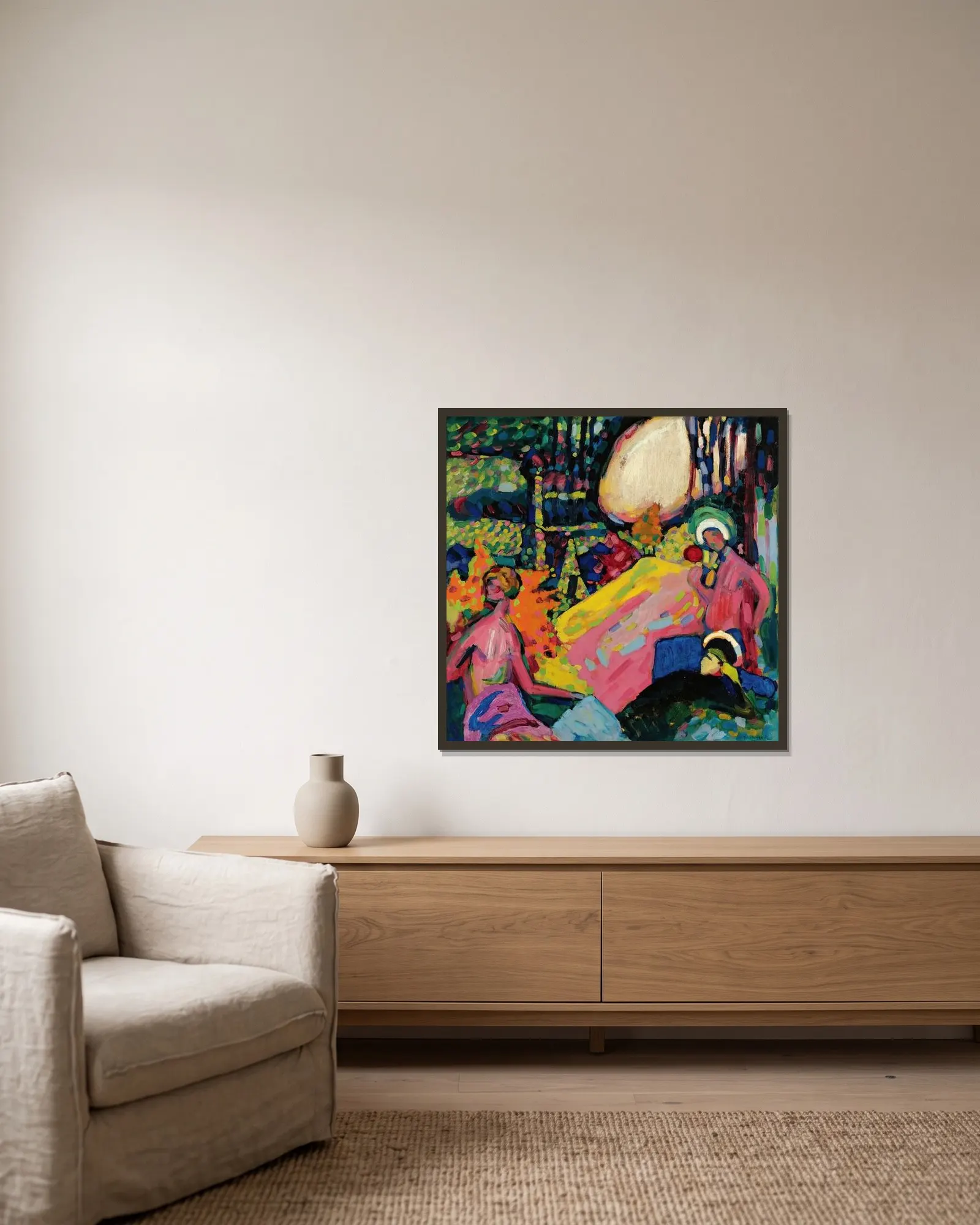 Weisser Klang (White Sound) av Wassily Kandinsky inramad på en vägg