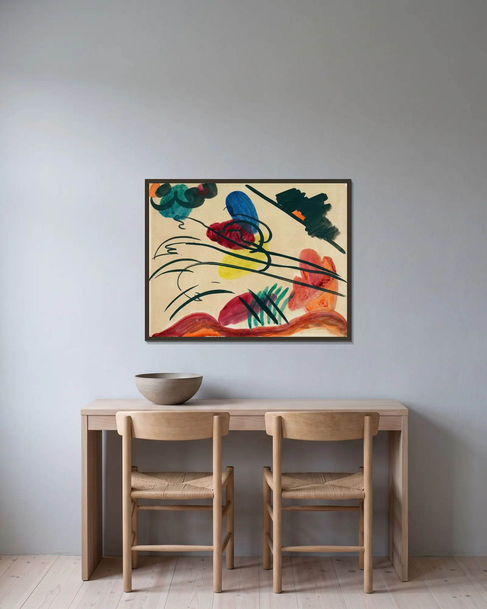 With three riders av Wassily Kandinsky inramad på en vägg