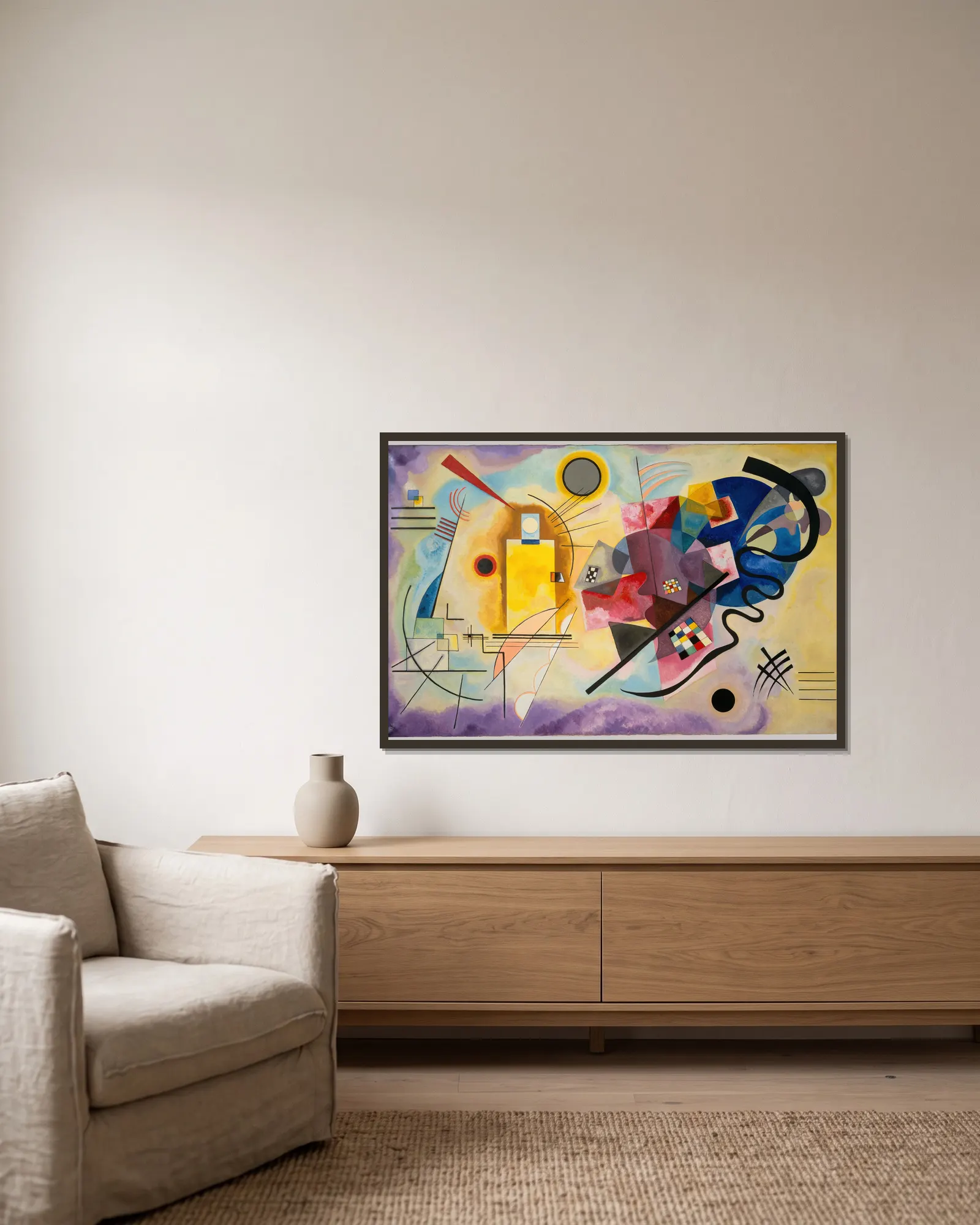 Yellow-Red-Blue av Wassily Kandinsky inramad på en vägg