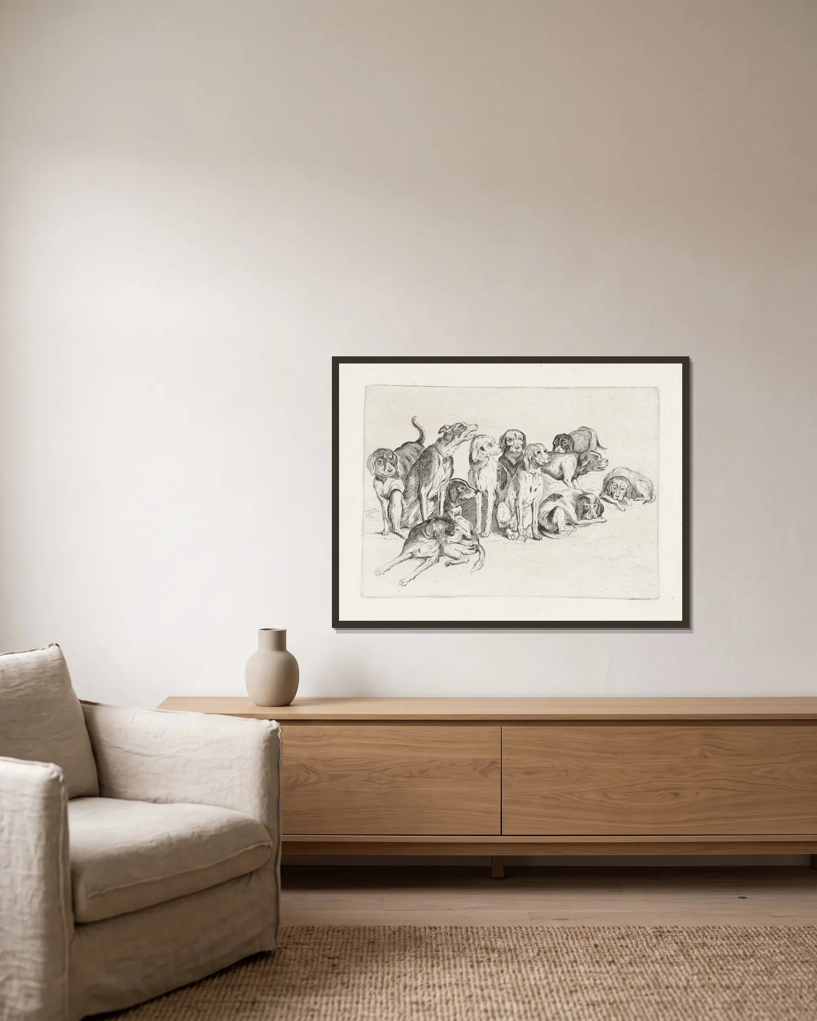 Eleven Hounds av Wenceslaus Hollar inramad på en vägg