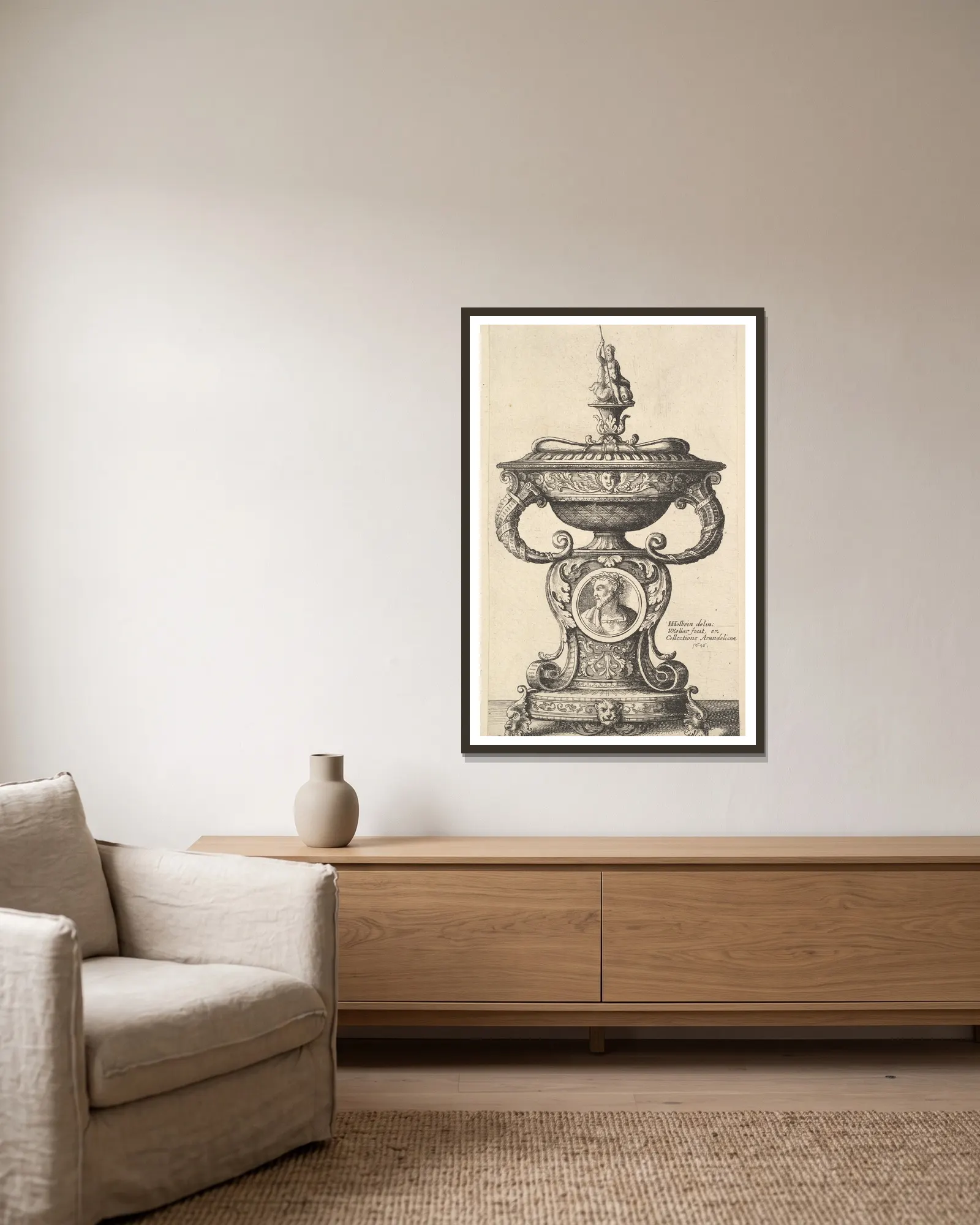 Two handled cup av Wenceslaus Hollar inramad på en vägg