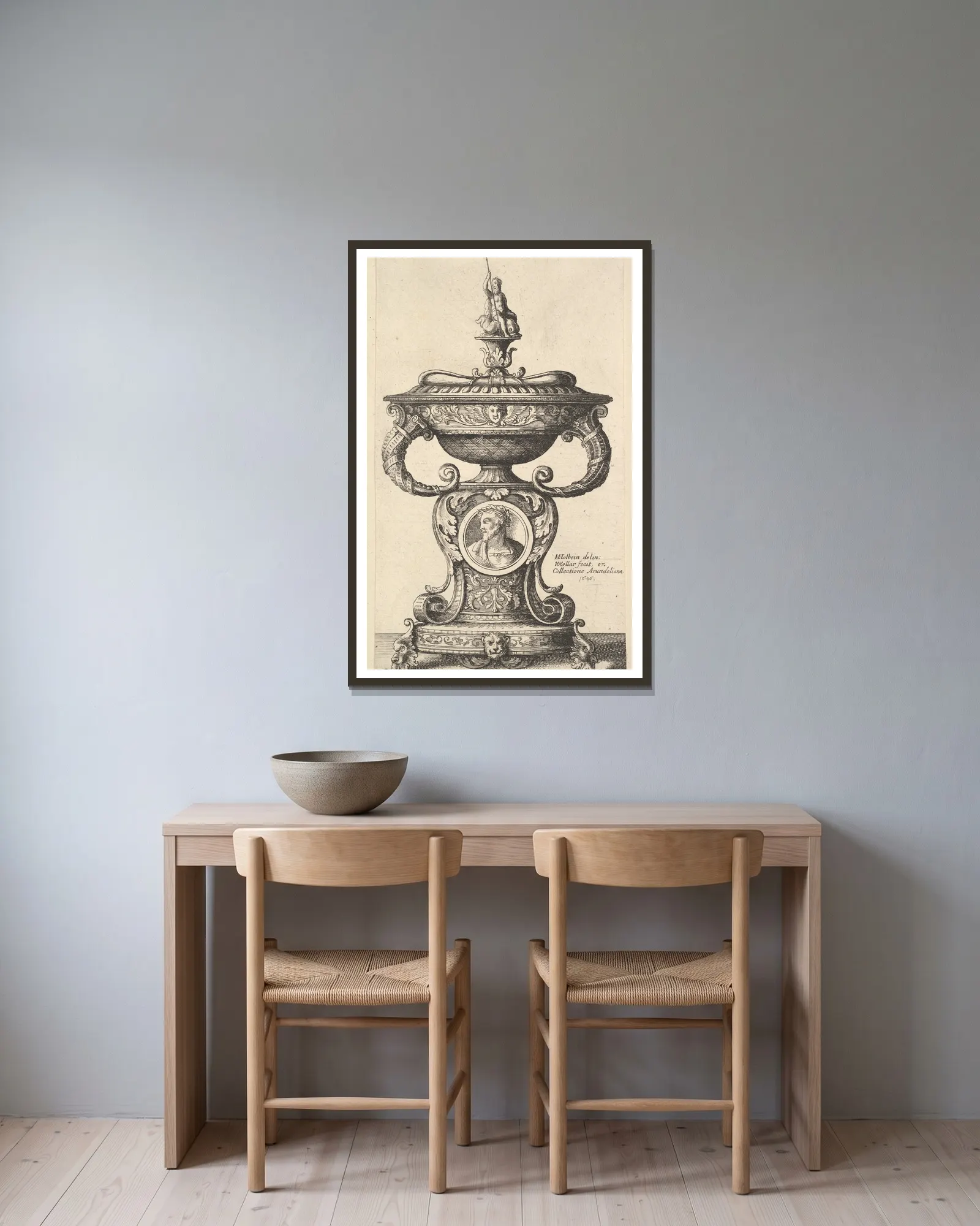 Two handled cup av Wenceslaus Hollar inramad på en vägg