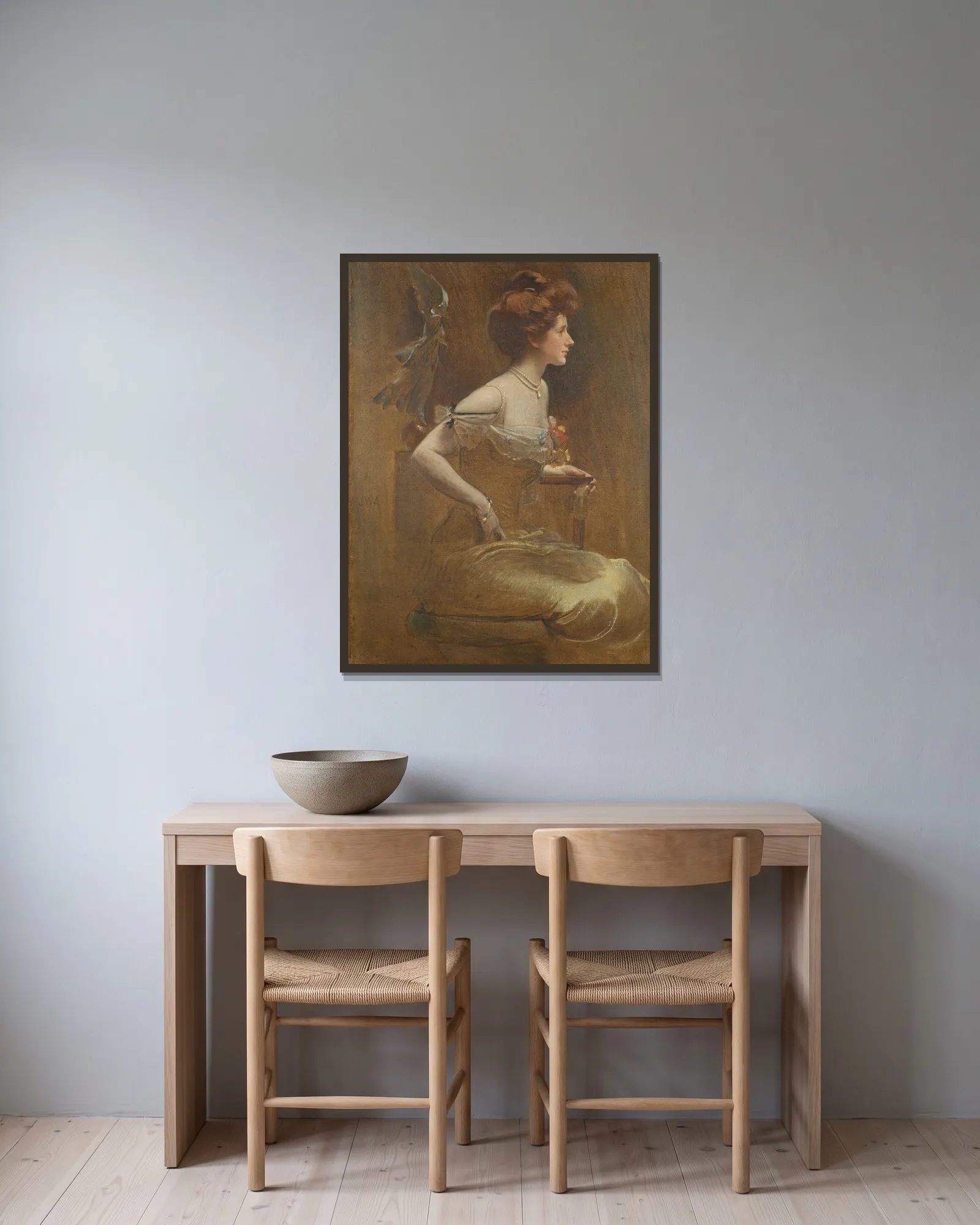 Mrs. Thomas Hastings av John White Alexander inramad på en vägg