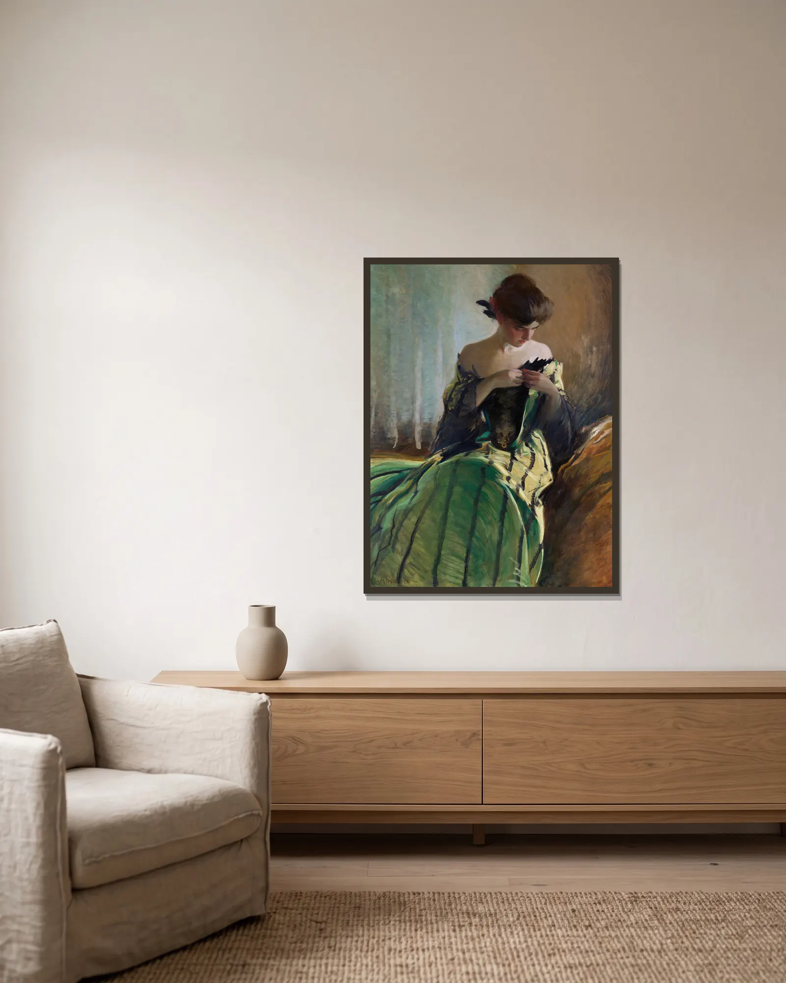 Study in Black and Green (by 1906) av John White Alexander inramad på en vägg