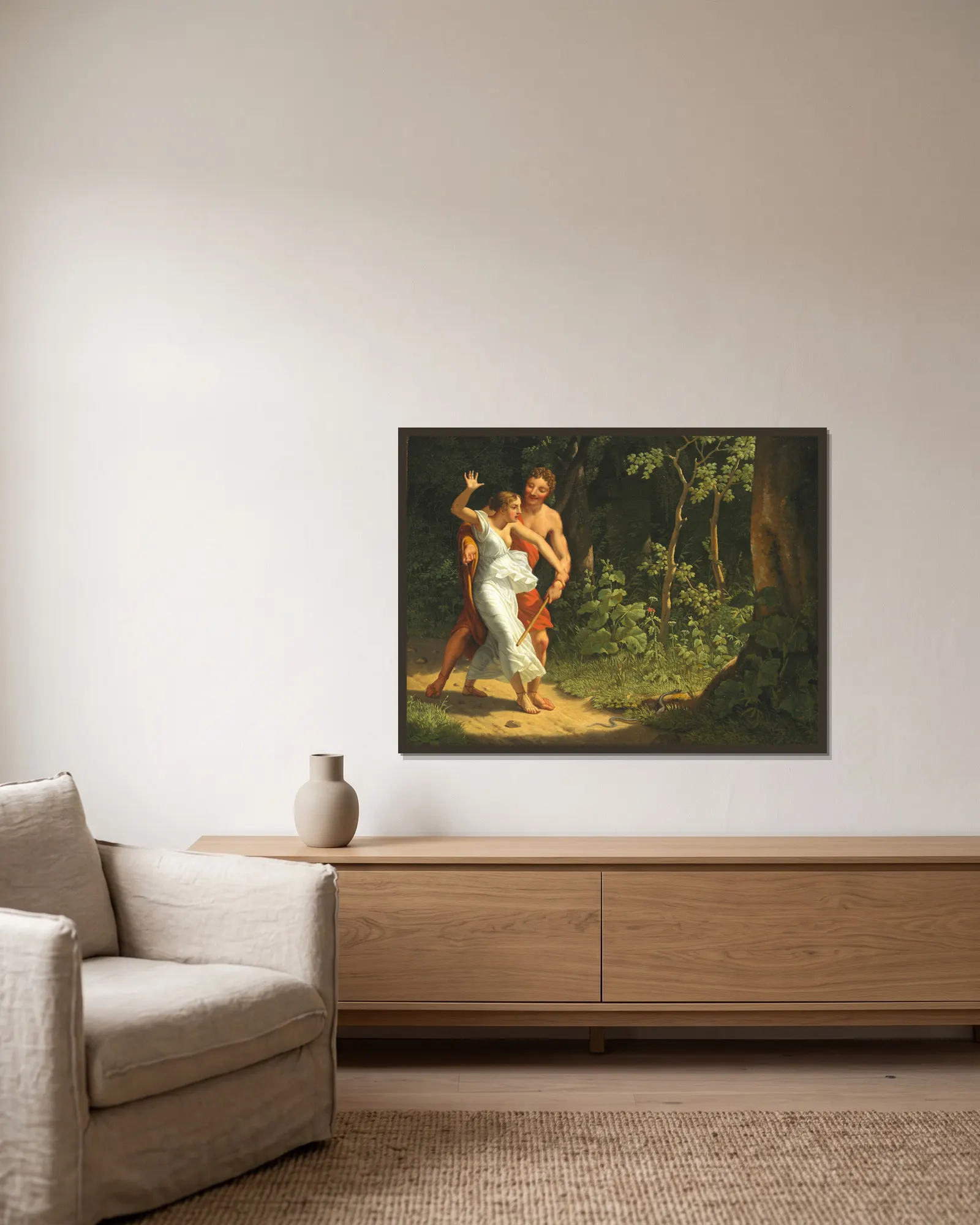 A seduction scene in a forest av Christoffer Wilhelm Eckersberg inramad på en vägg