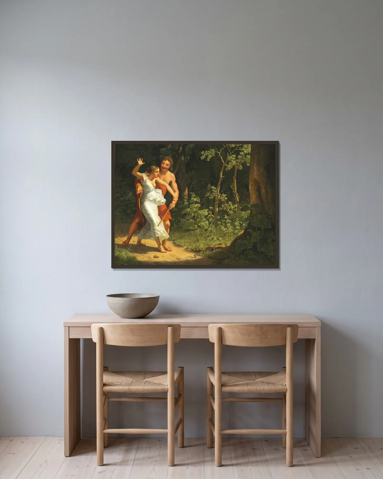 A seduction scene in a forest av Christoffer Wilhelm Eckersberg inramad på en vägg
