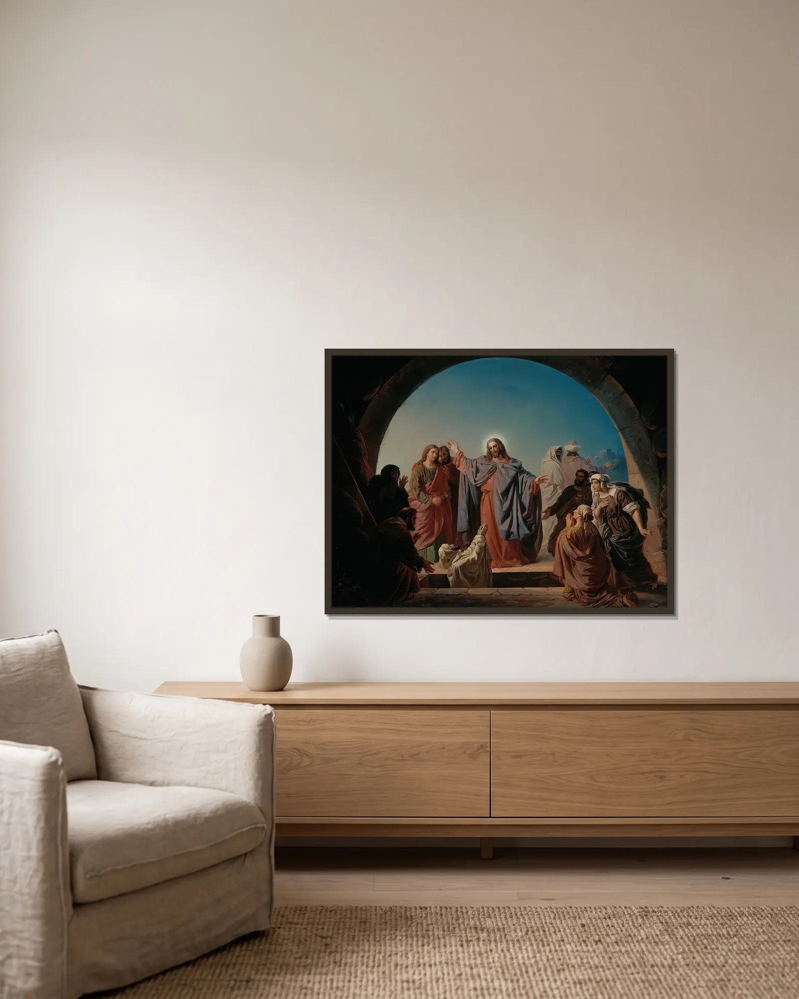 Jesus Wakes Lazarus av Robert Wilhelm Ekman inramad på en vägg