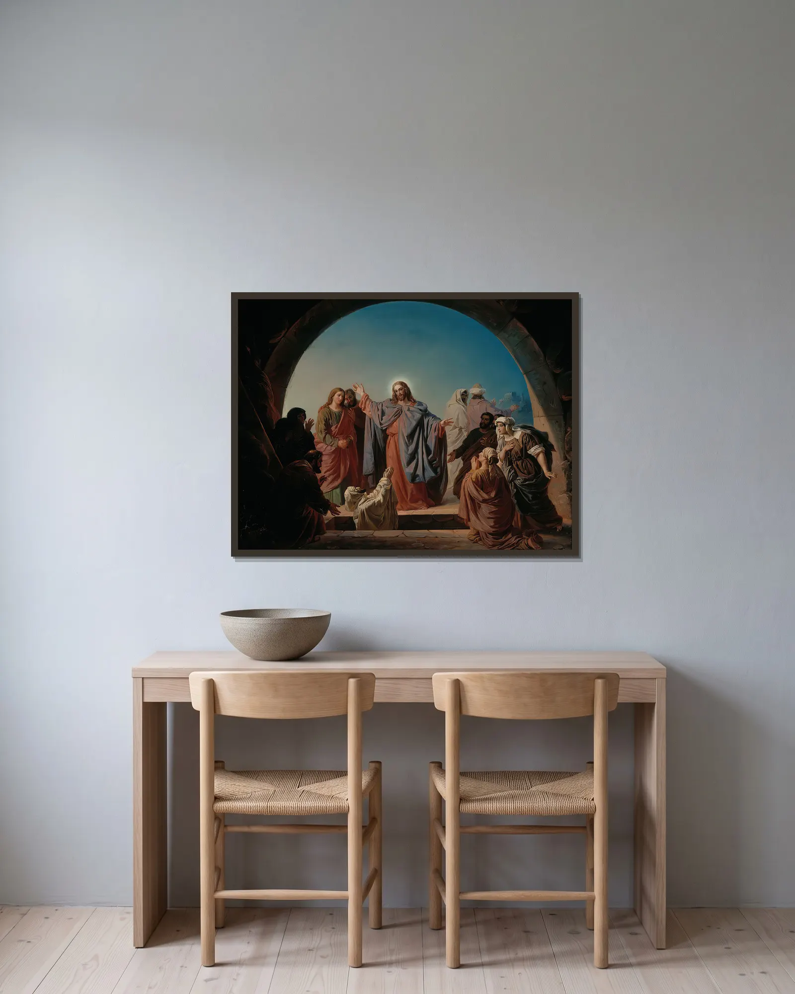 Jesus Wakes Lazarus av Robert Wilhelm Ekman inramad på en vägg